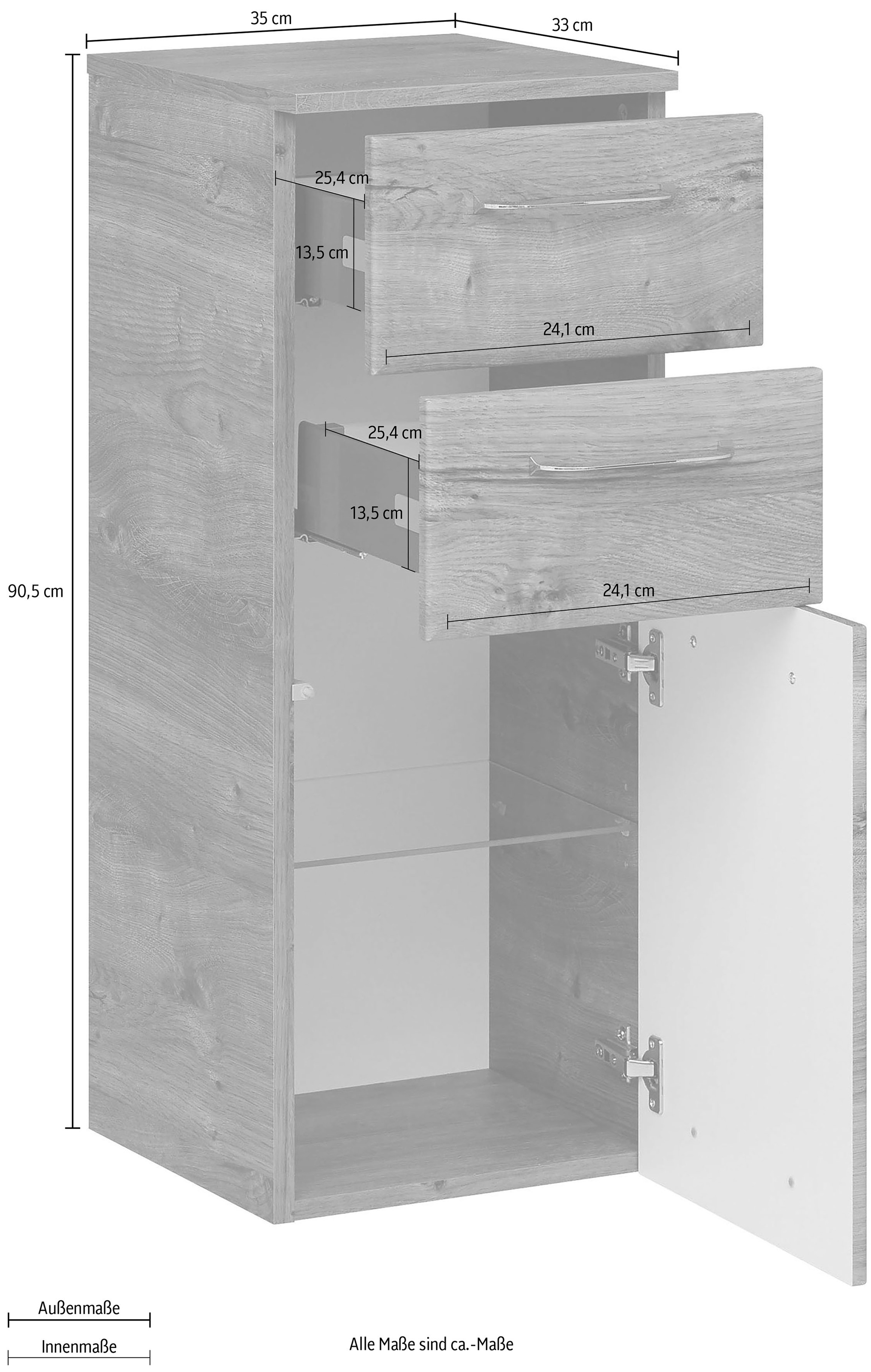 Saphir Unterschrank »Quickset Badschrank mit 1 Tür und 2 Schubladen, 35 cm breit«, Badezimmer-Unterschrank inkl. Türdämpfer, Griffe in Chrom Glanz