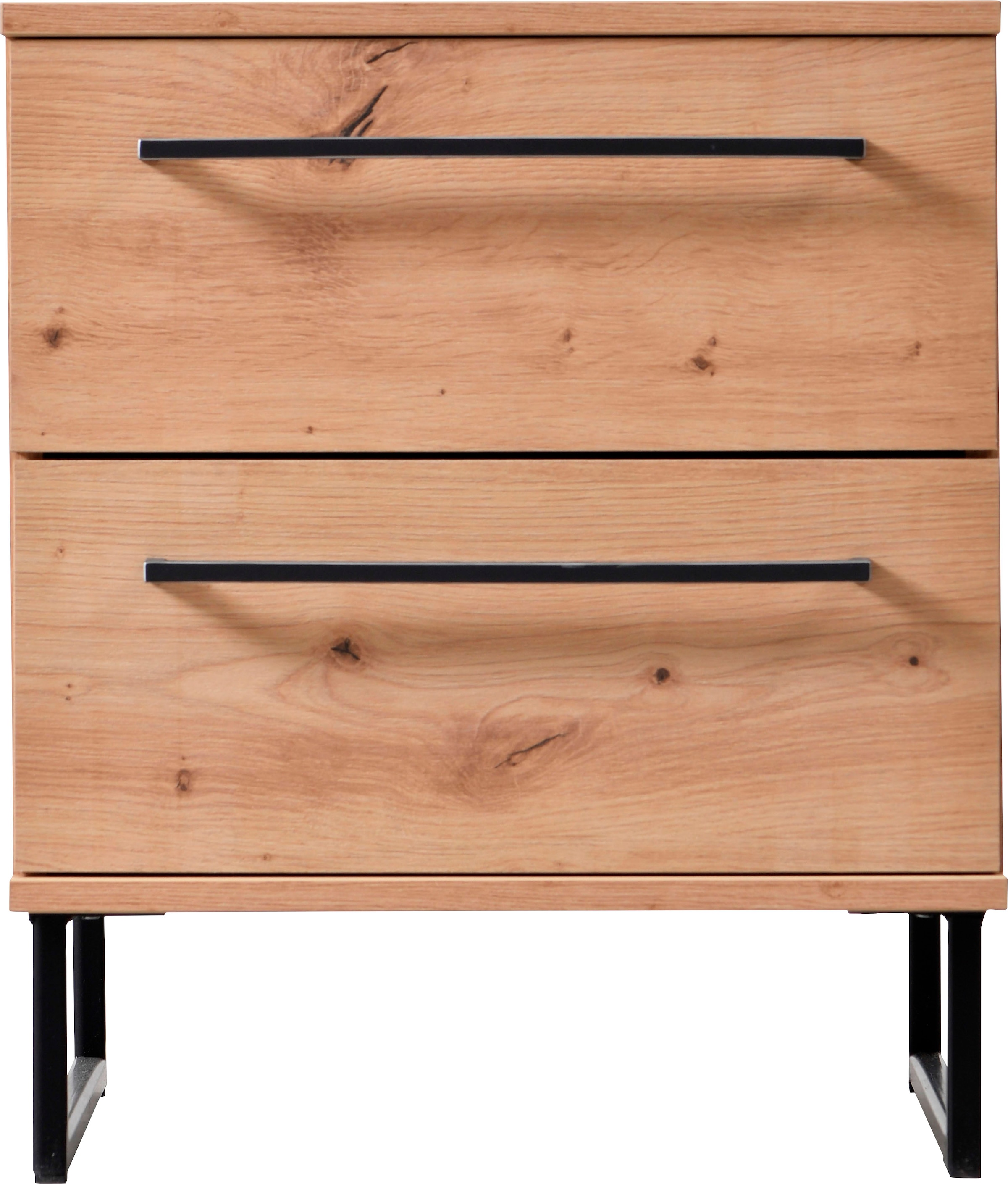 INOSIGN Nachtkommode »Sardinia, Nachtschrank, Maße (B/T/H): 45,5/35/54 cm«, (FSC-zertifizierter Holzwerkstoff), mit 2 Schubladen, Metallgriffe und Metallfüße in Kufenform