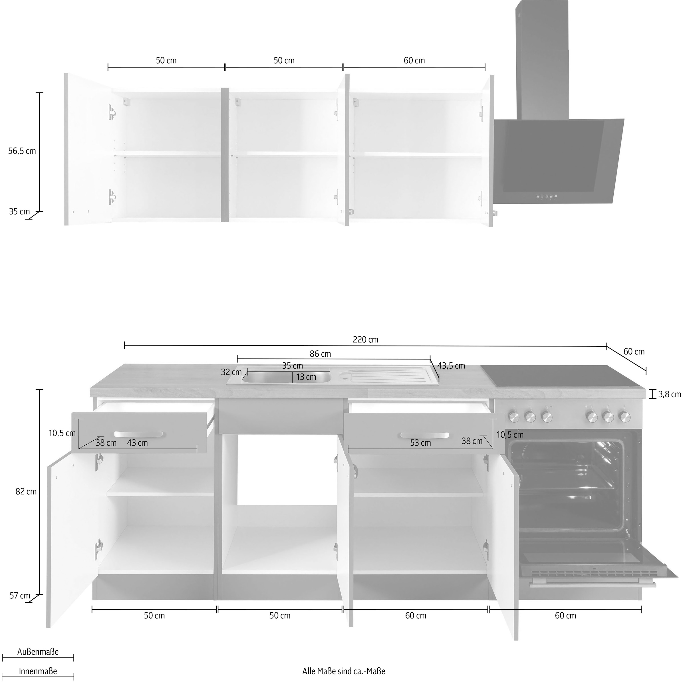 wiho Küchen Küchenzeile »Kansas«, mit E-Geräten, Breite 220 cm