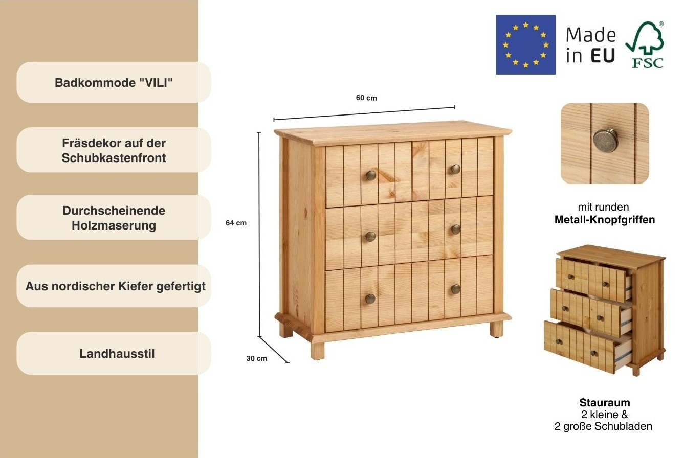 Home affaire Badkommode »Vili«, Badezimmerschrank, Unterschrank, 4 Schubladen, aus Massivholz