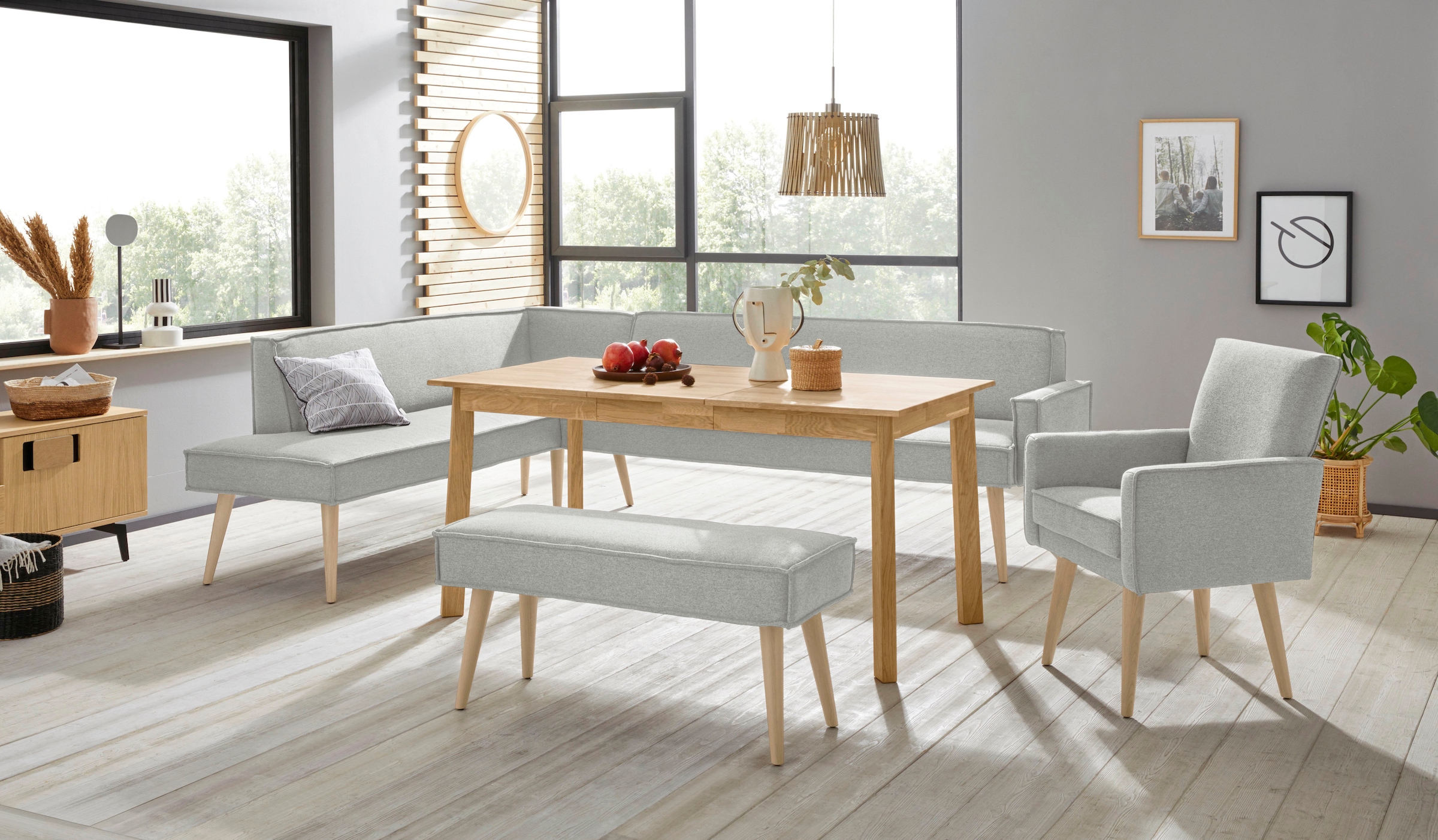 exxpo - sofa fashion Eckbank »Lungo, moderne Kedernaht, bequem und elegant, hoher Holzfuß«, hochwertige Detailverarbeitung, frei im Raum stellbar