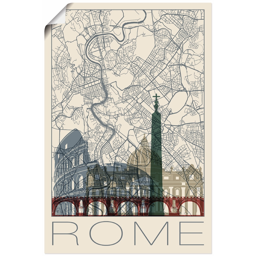 Artland Poster »Retro Karte Rom Italien und Skyline«, Italien, (1 St.)