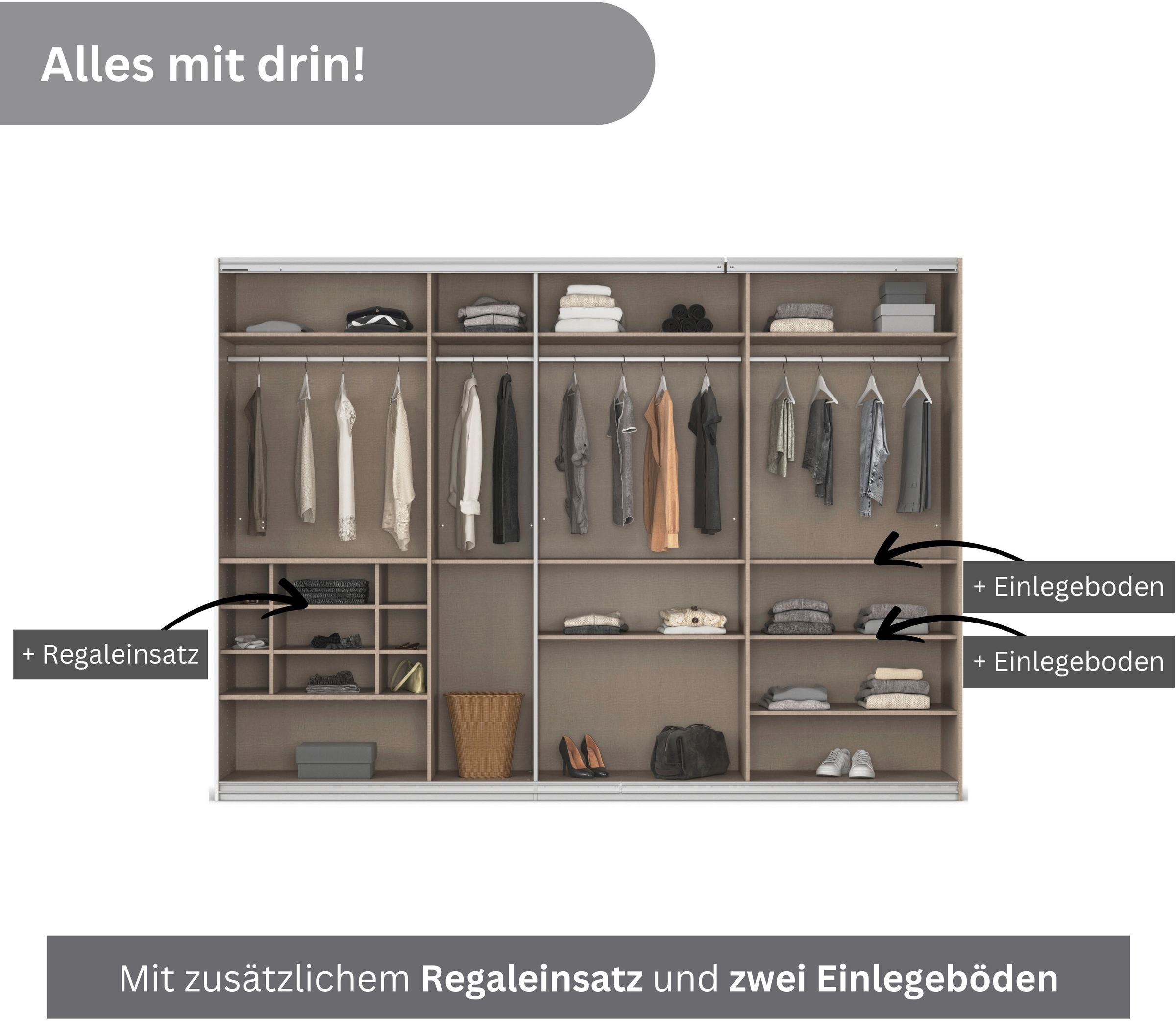 rauch Schwebetürenschrank »Kleiderschrank Schrank Garderobe Wäscheschrank TOMA«, inkl. Regaleinsatz sowie zusätzlichen Einlegeböden MADE IN GERMANY