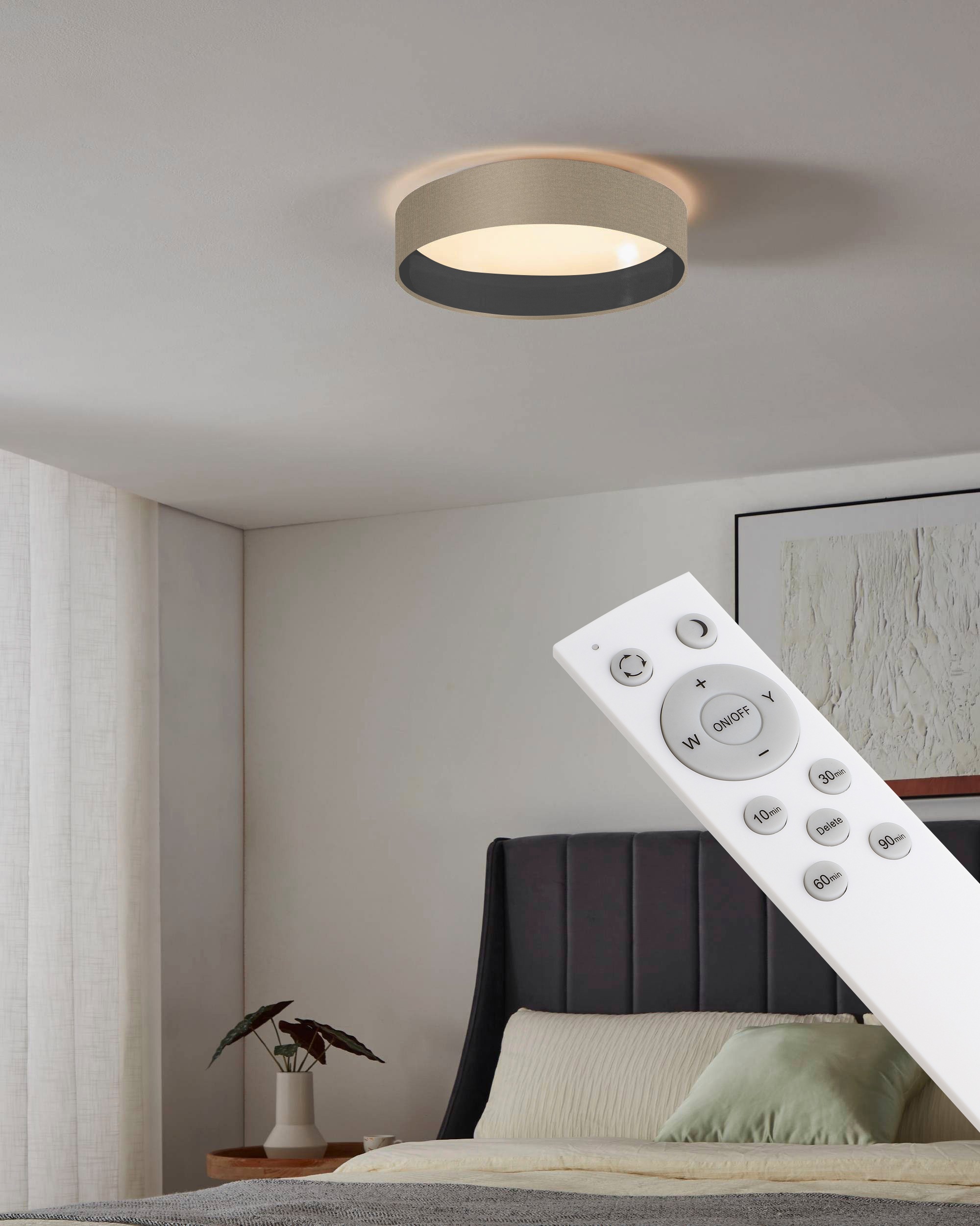 Leonique LED Deckenleuchte »Juria«, 1 flammig, Leuchtmittel LED-Modul | LED fest integriert, Deckenlampe Ø38 x H9 cm mit Textil-/Stoffschirm, CCT, Fernbedienung