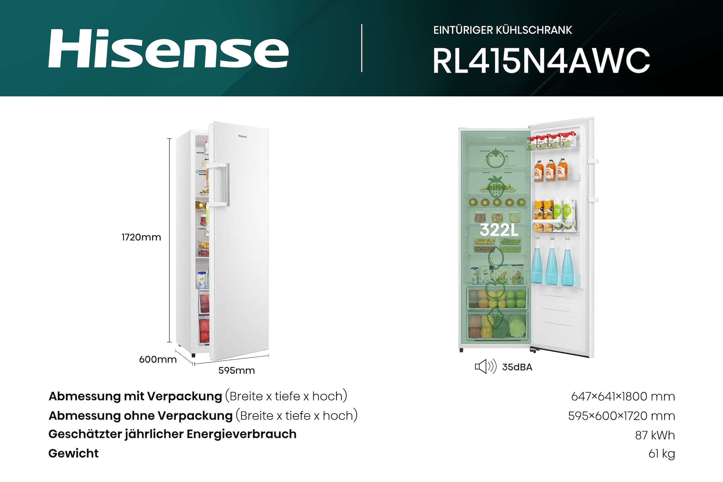 Hisense Kühlschrank »RL415N4AWC«, RL415N4AWC, 172 cm hoch, 59,5 cm breit, Inverter Kompressor