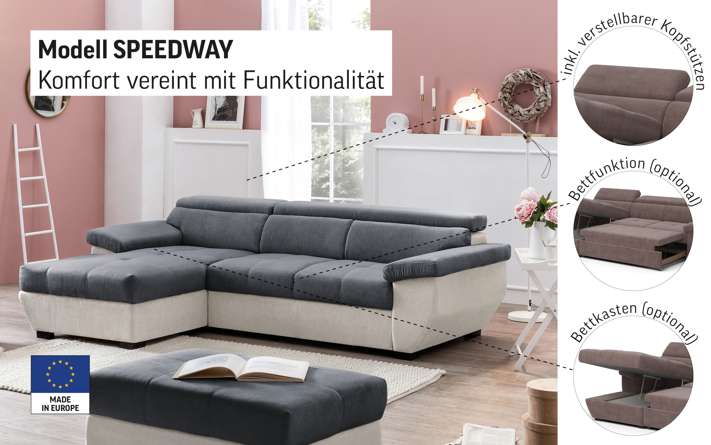 COTTA Ecksofa »Speedway L-Form«, mit Kopfteilverstellung, wahlweise mit Bettfunktion & Bettkasten