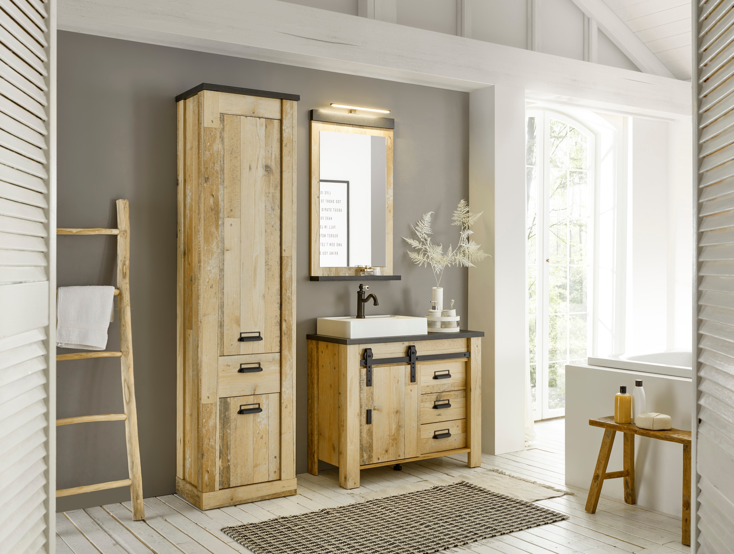Home affaire Badmöbel-Set »SHERWOOD, Bad im modernen Design, 3-teiliges Badezimmer«, (3 St.), in 2 Farben verfügbar, Scheunentorbeschlag & Apothekergriff aus Metall