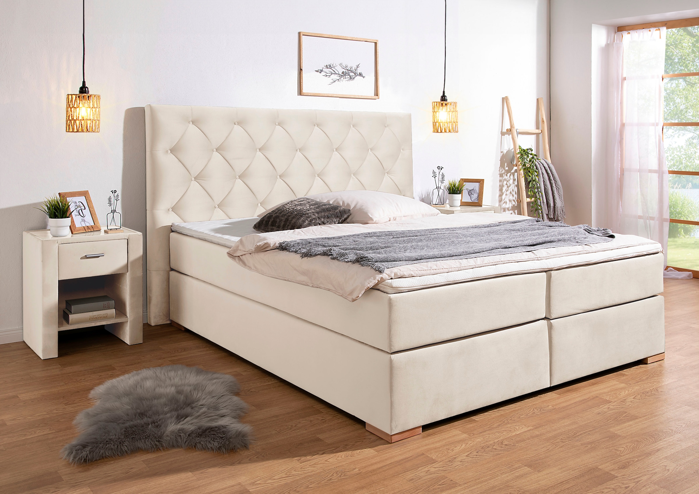 Home affaire, Boxspringbett »Chalon, in verschiedenen Breiten« inkl. Topper, wahlweise in H2, H3 oder H4 erhältlich, beige, Samtvelours, beige