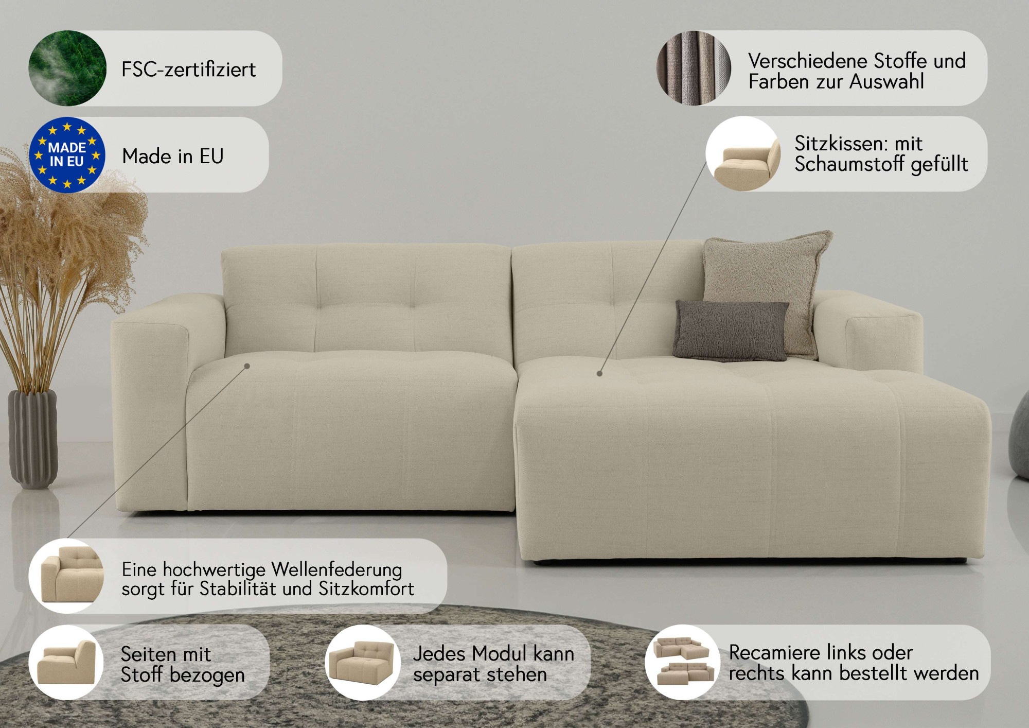 OTTO home Ecksofa »Tapley« Breite 221 cm,Boucle, Struktur fein, mit Knopfsteppung, bodentief