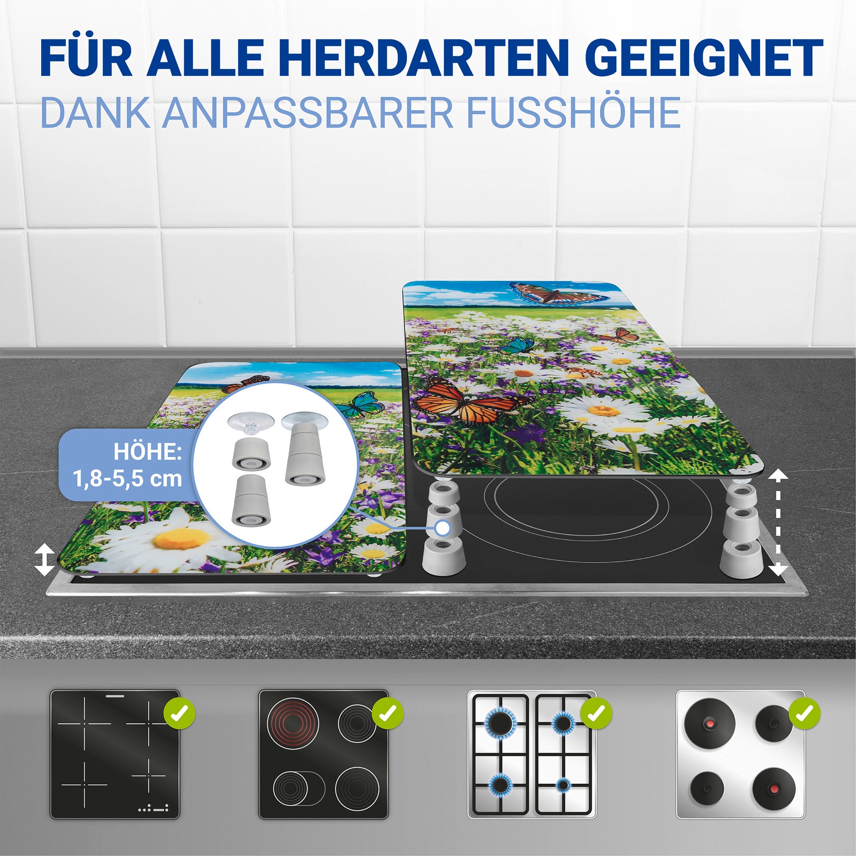 WENKO Herd-Abdeckplatte »Universal Modell Sommerwiese«, (Set, 2 tlg.), Herdabdeckung für alle Herdarten, kratzfest, mit rutschfesten Füßen