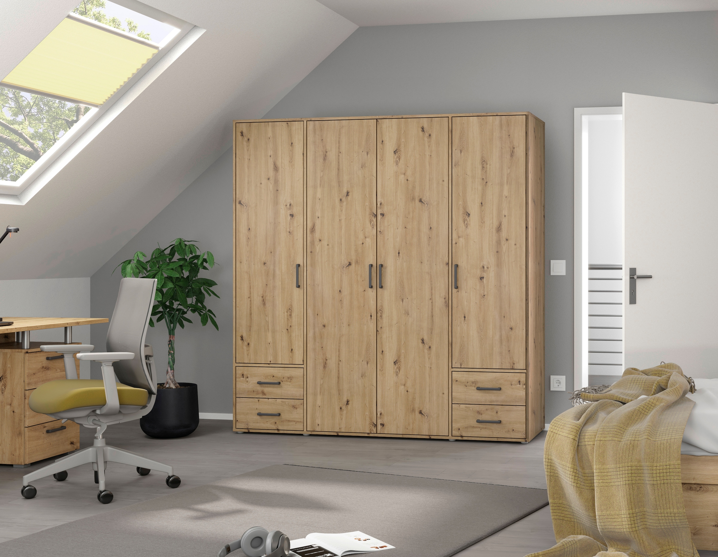 rauch Drehtürenschrank »Kleiderschrank Schrank Garderobe Wäscheschrank VOYAGER«, (in 3 verschiedenen Ausstattungen BASIC/CLASSIC/PREMIUM), moderne Griffe in Graumetallic mit Außenschubkästen MADE IN GERMANY