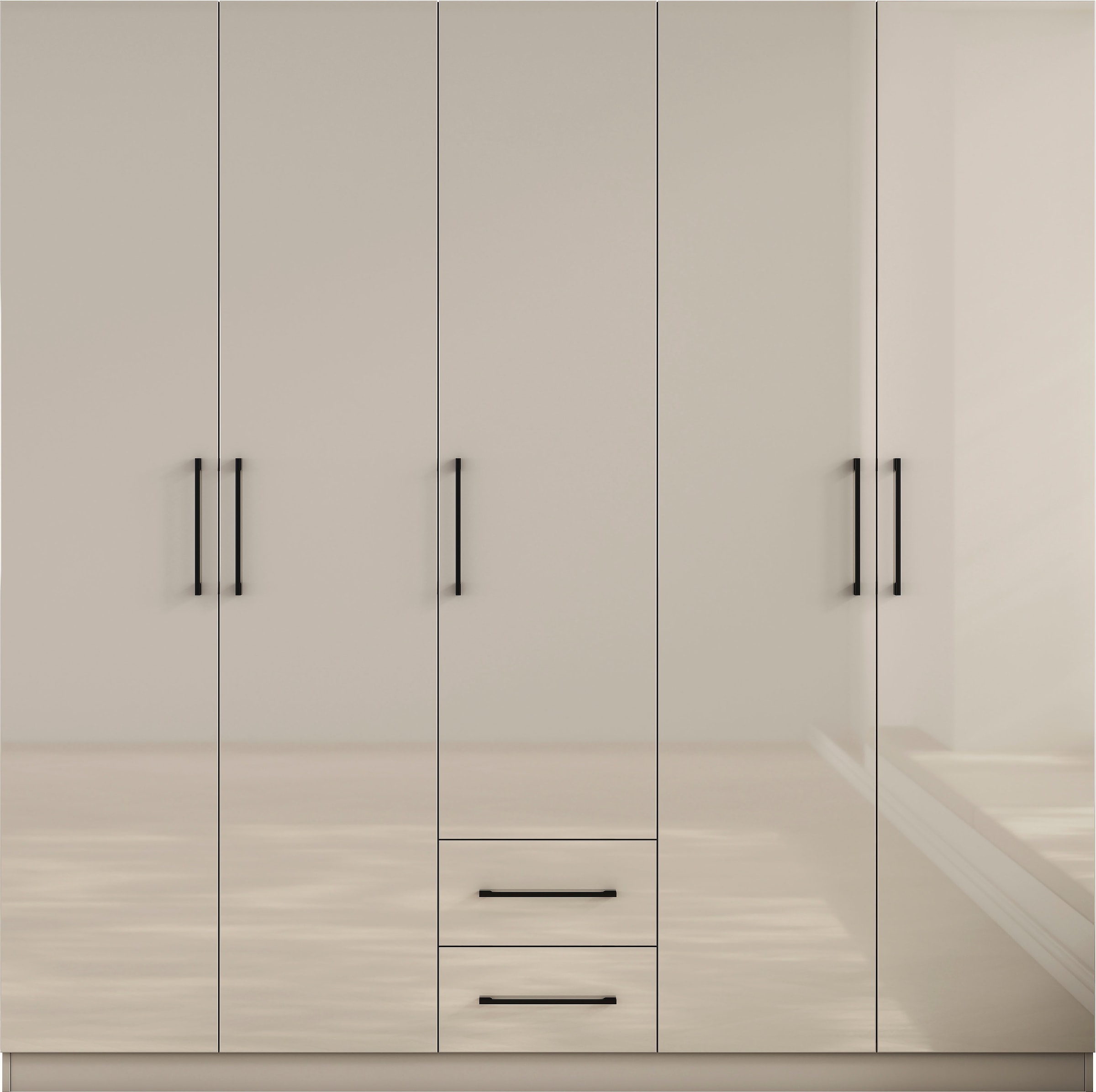 OTTO home Kleiderschrank »Sylt Schlafzimmerschrank Garderobe Schrank TOPSELLER in hochglanz weiß« 5 Türen, 2 Schubladen, schwarze moderne Griffe, 7 Einlegeböden,  Drehtürenschrank mit perfekter Innenausstattung, Breite 200cm