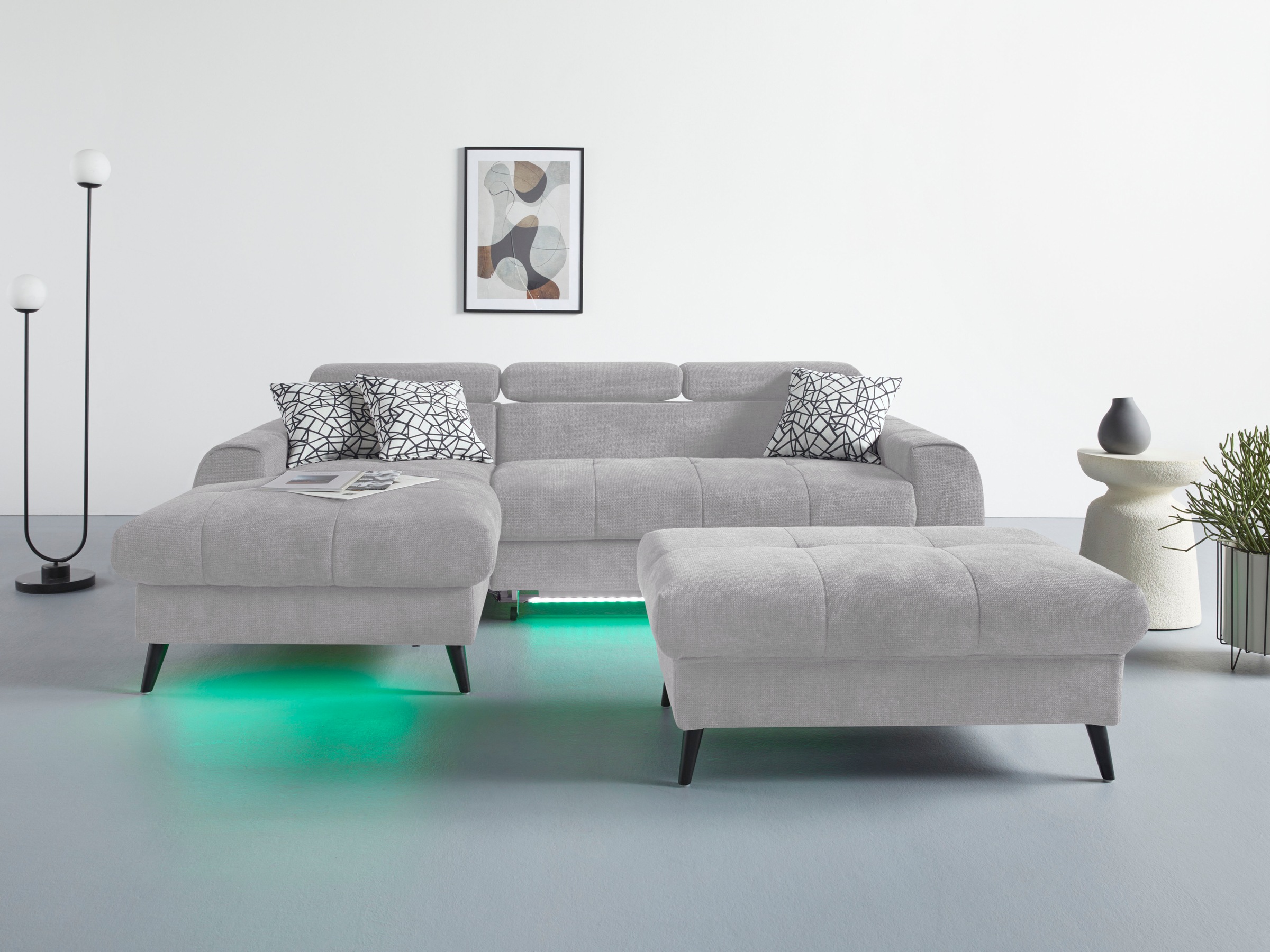 COTTA Ecksofa »Mia L-Form mit 3 Zierkissen«, wahlweise mit Bettfunktion, Bettkasten, Beleuchtung & Wireless-Charger