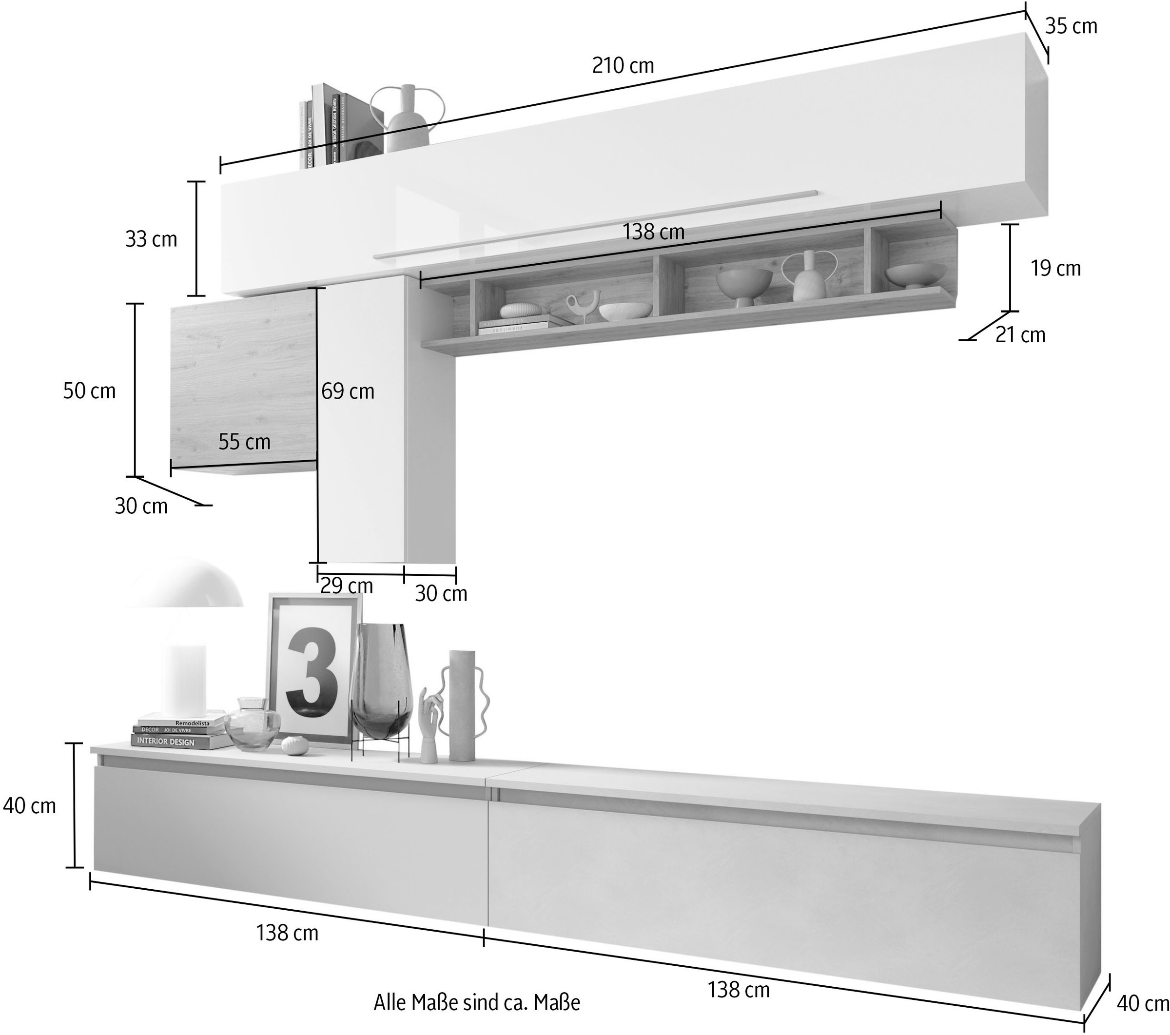 INOSIGN Wohnwand »INFINITY, 6tlg. Breite 262 cm, Höhe variabel, Schrankw., (2x Lowboard,«, (6 St.), Hängeschrank mit Griff, Hängeschrank, Hängewürfel, Wandregal)