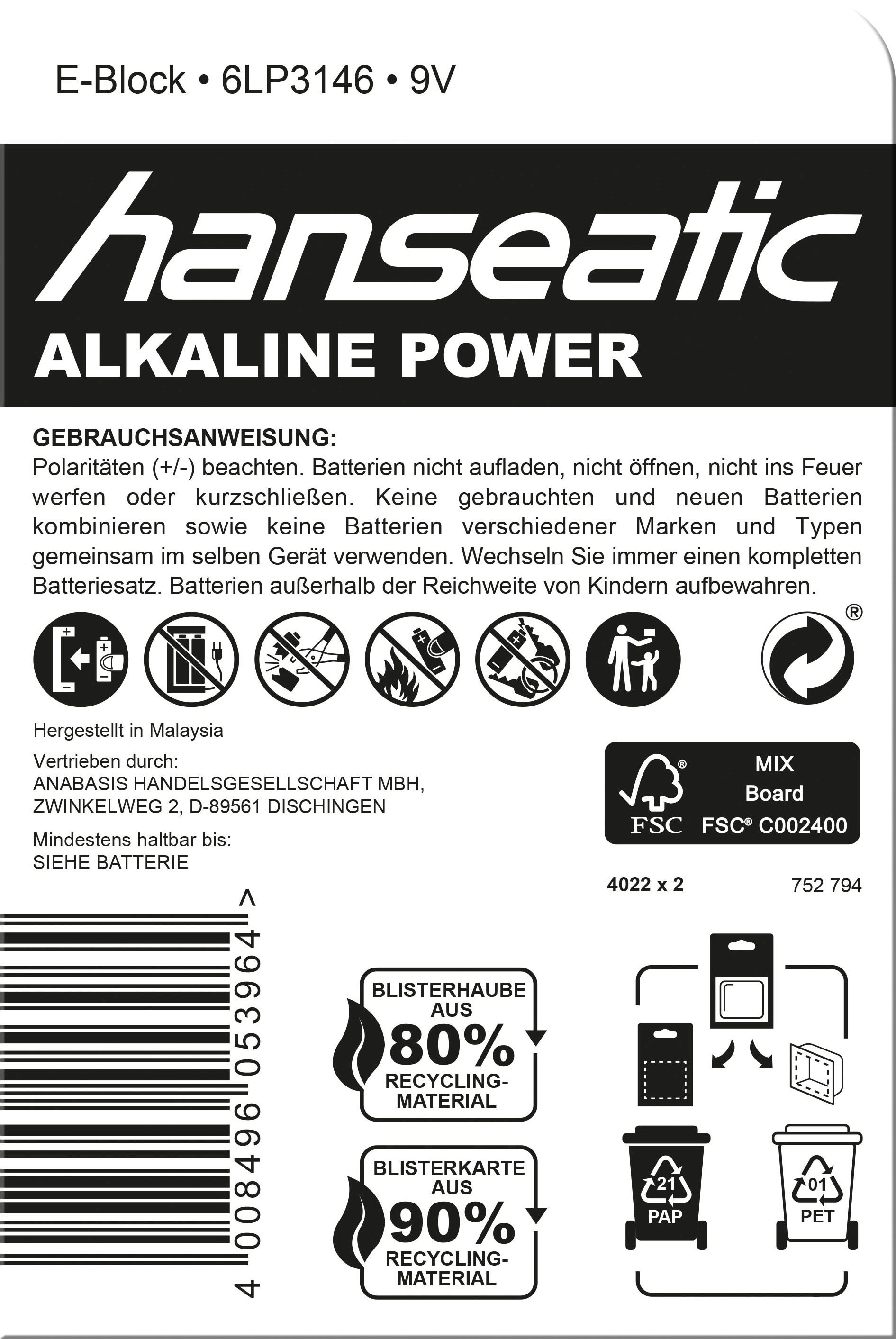 Hanseatic Batterie »6 Stück Alkaline E-Block«, 9 V, (Set, 6 St.)
