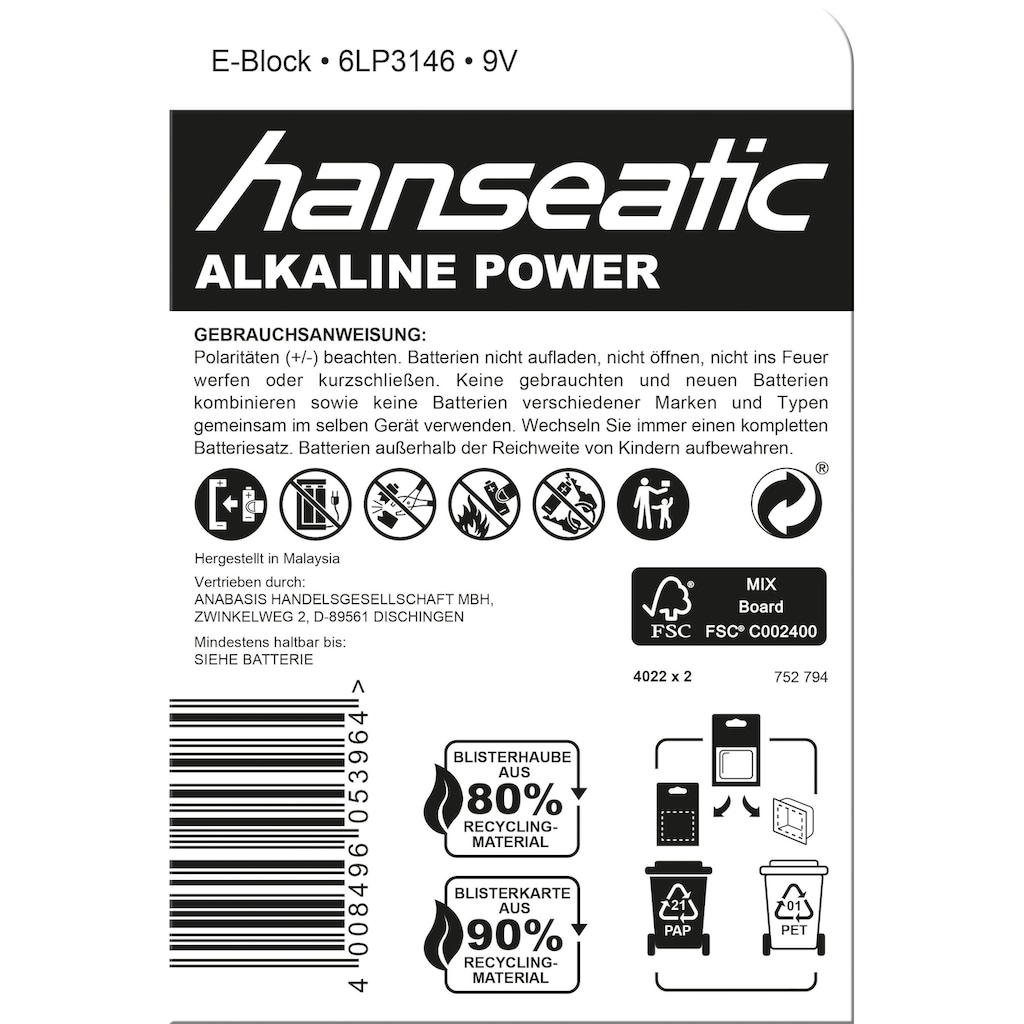 Hanseatic Batterie »6 Stück Alkaline E-Block«, 9 V, (Set, 6 St.)