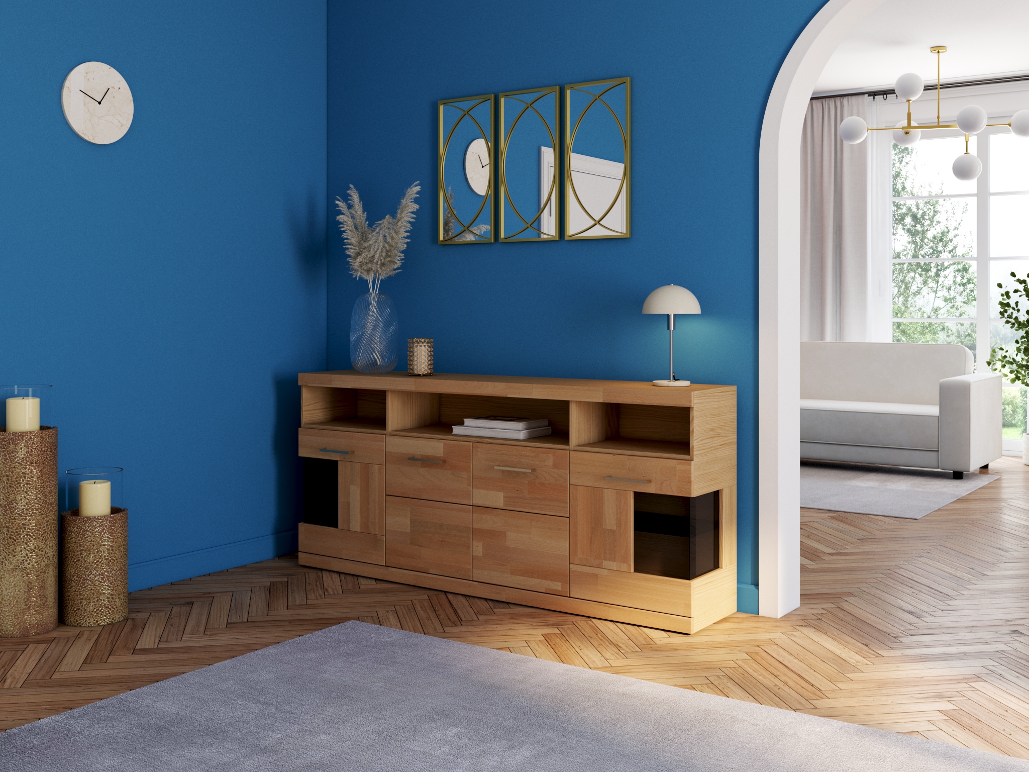 Home affaire Sideboard »RIBE20 Fronten massiv,Korpus Melamin, 2 Türen mit Glaseinsatz« B/T/H: 180/35/80cm,3offene Fächer u 6geschlossene,Teilmassiv Kernbuche