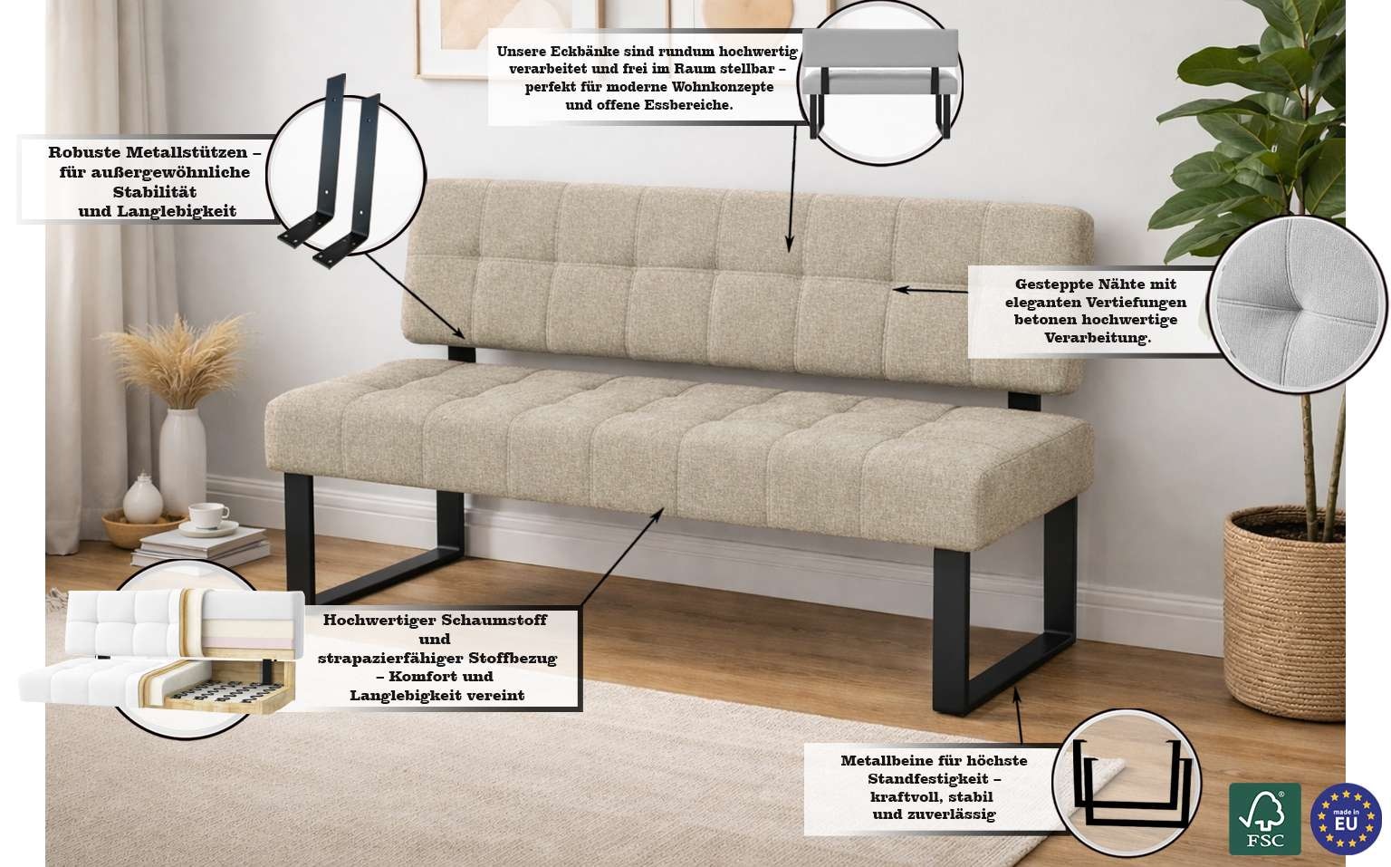 Home affaire Sitzbank »Mia Küchenbank, Polsterbank, Esszimmerbank, 141x64 cm« Moderne Bank und  Farben, Sitzplatzanzahl: 2-3, Frei in Raum stellbar