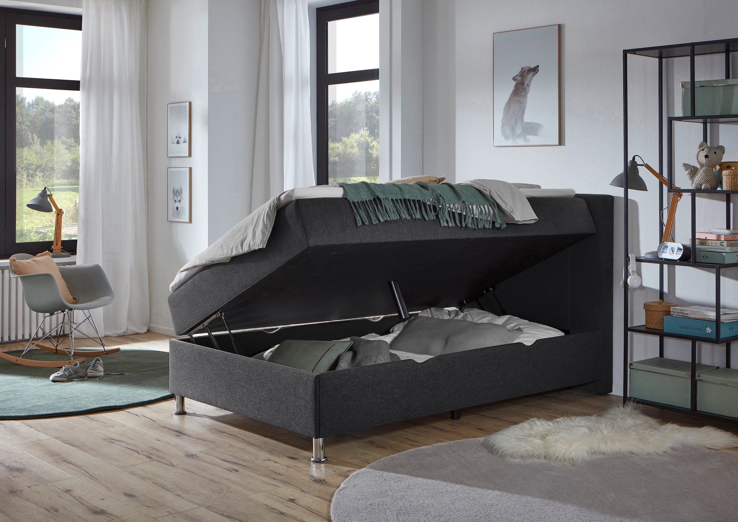 Home affaire Boxbett »ESCALON, Polsterbett mit Bettkasten, inkl. Taschenfederkernmatratze H3« mit Anti-Slip-Topper, Strukturstoff-Bezug, Liegefläche 120x200 cm