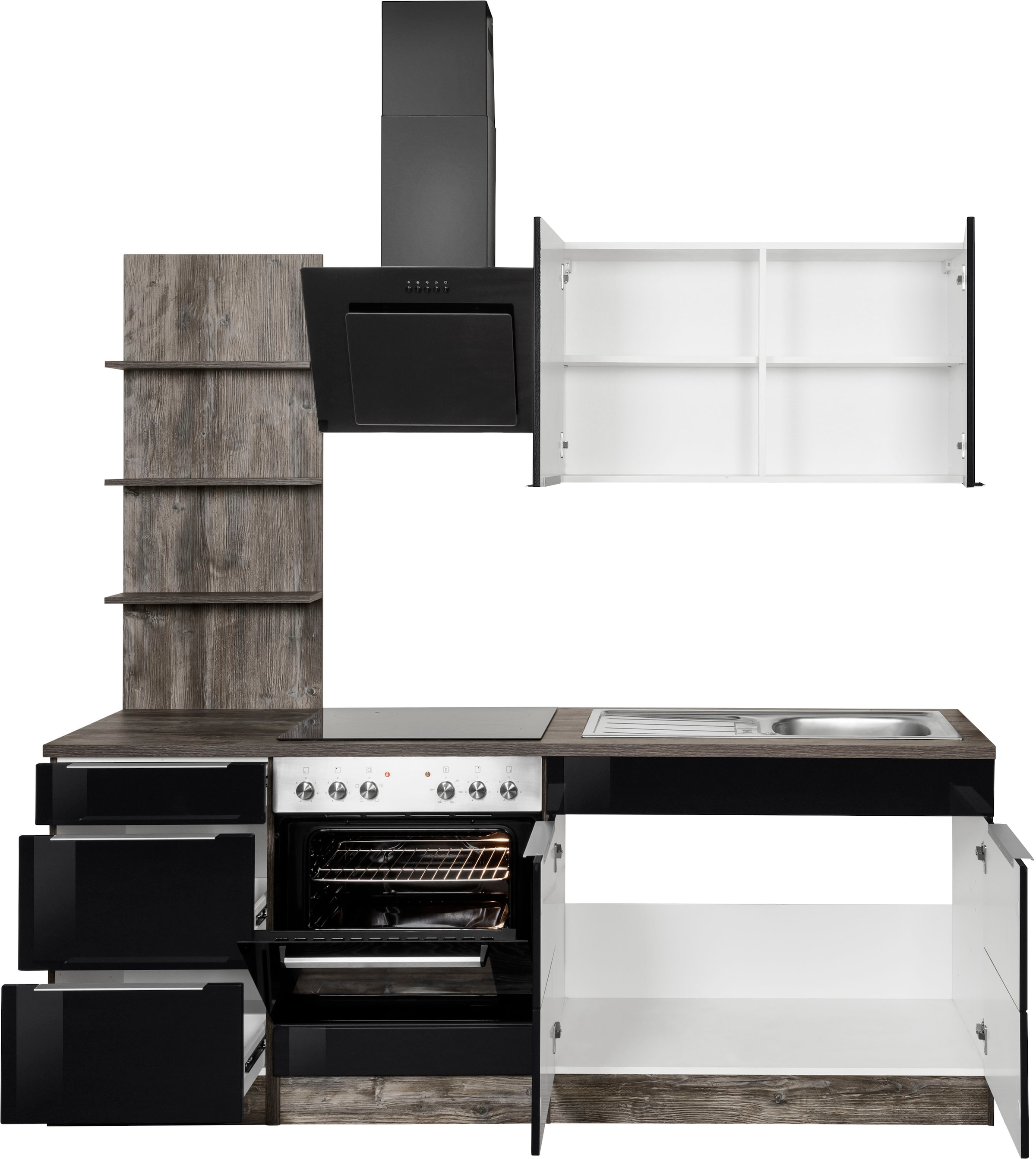 KOCHSTATION Küchenzeile »KS-Brindisi«, Breite 210 cm, wahlweise mit E-Geräten, mit MDF-Fronten und Regal