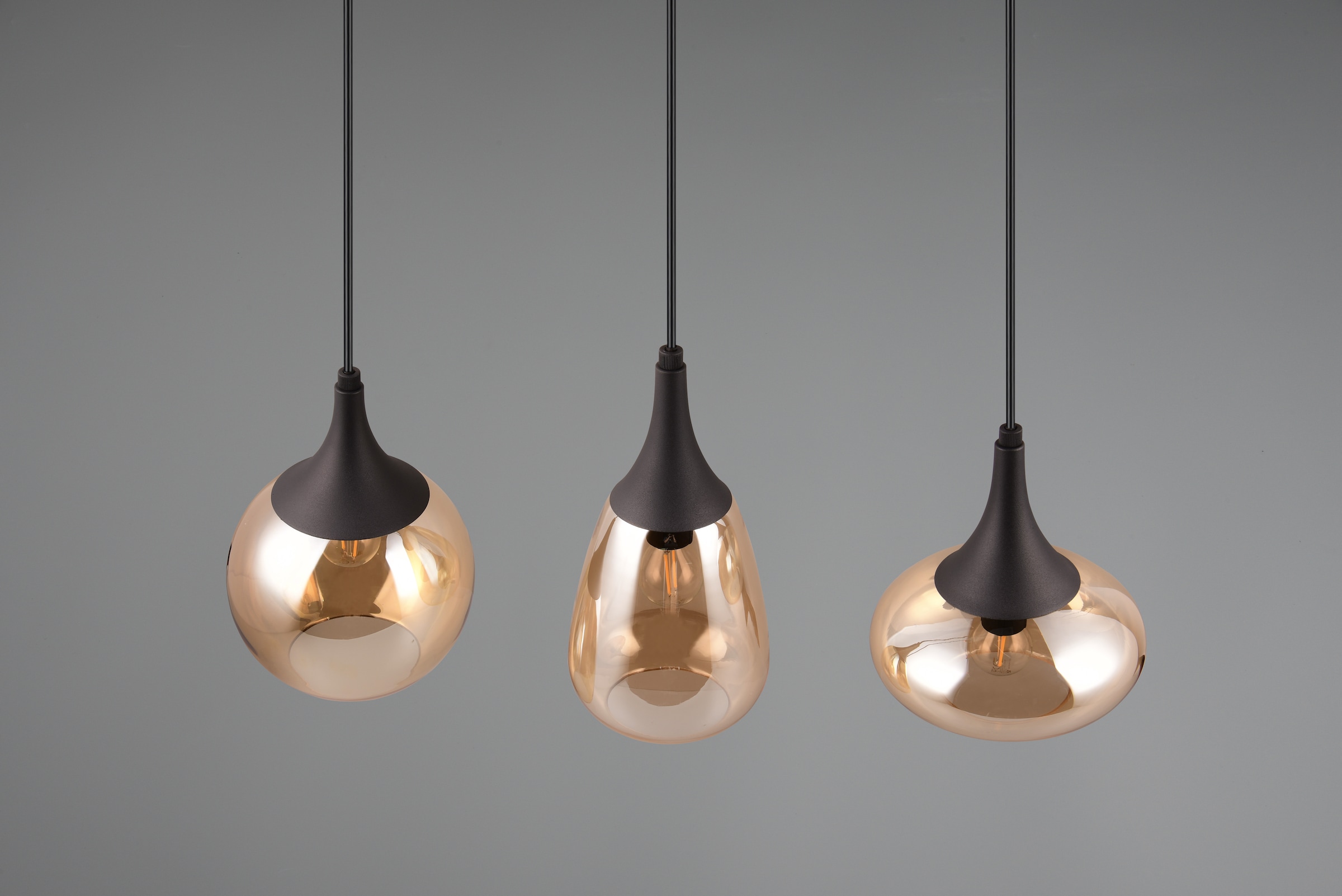 TRIO Leuchten Pendelleuchte »Lumina, E14 Hängelampe 3-flammig Glasschirme in 3 Formen amberfarbig« E14 1 Stk. warmweiß - kaltweiß exkl 3x E14 max 40W, Hängeleuchte höhenverstellbar bis max 150 cm