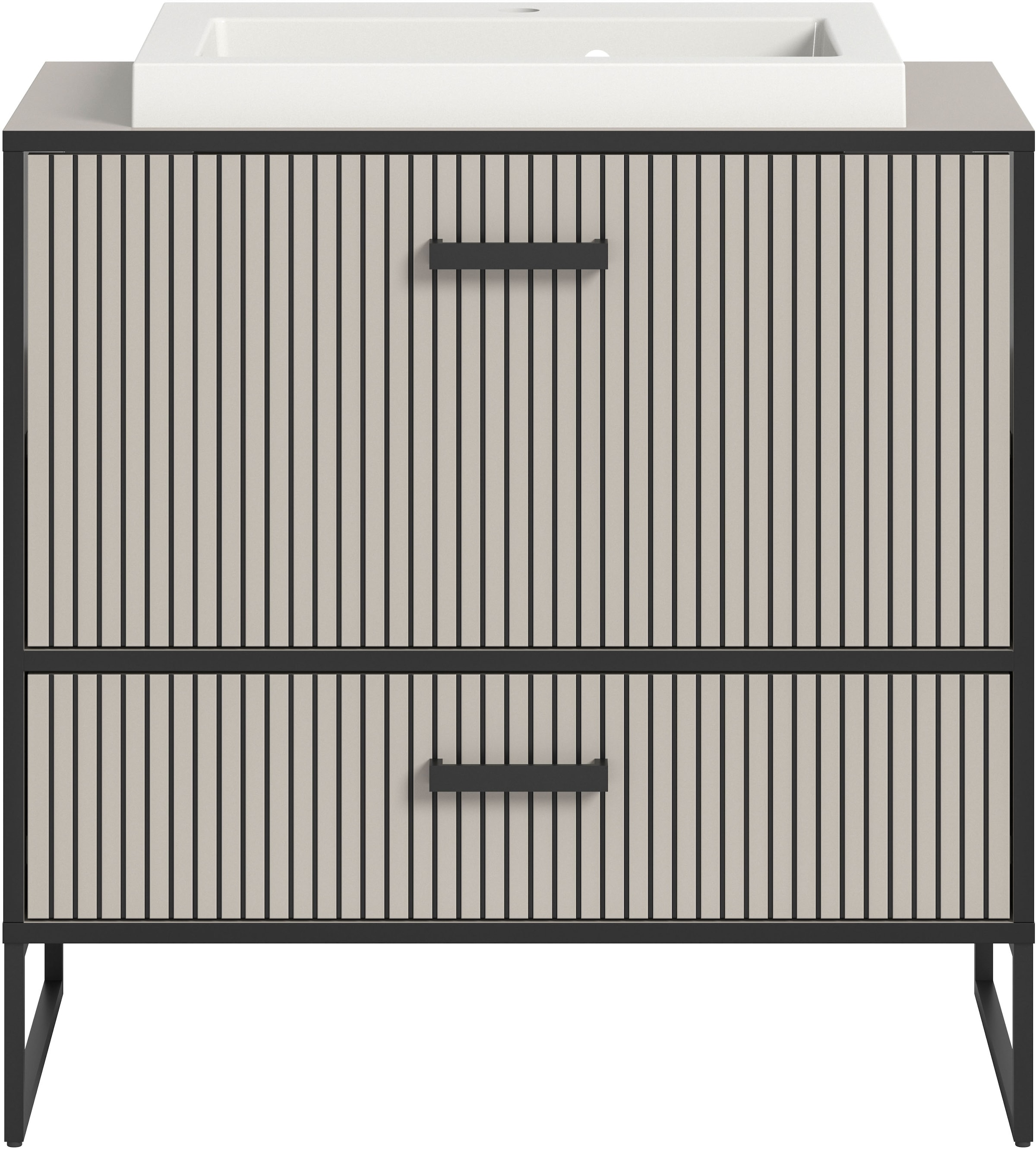 welltime Waschbeckenunterschrank »Locri, Höhe 84 cm, Rillenoptik, Metallkufen«, (2 St.), Aufsatzwaschbecken, modernes Design, Unterschrank, Badschrank, Bad