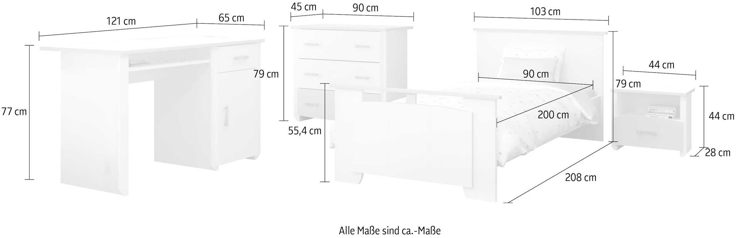 Parisot Jugendzimmer-Set »Biotiful«, (4 tlg., Bett, Nachttisch, Schubkastenkommode, Schreibtisch)