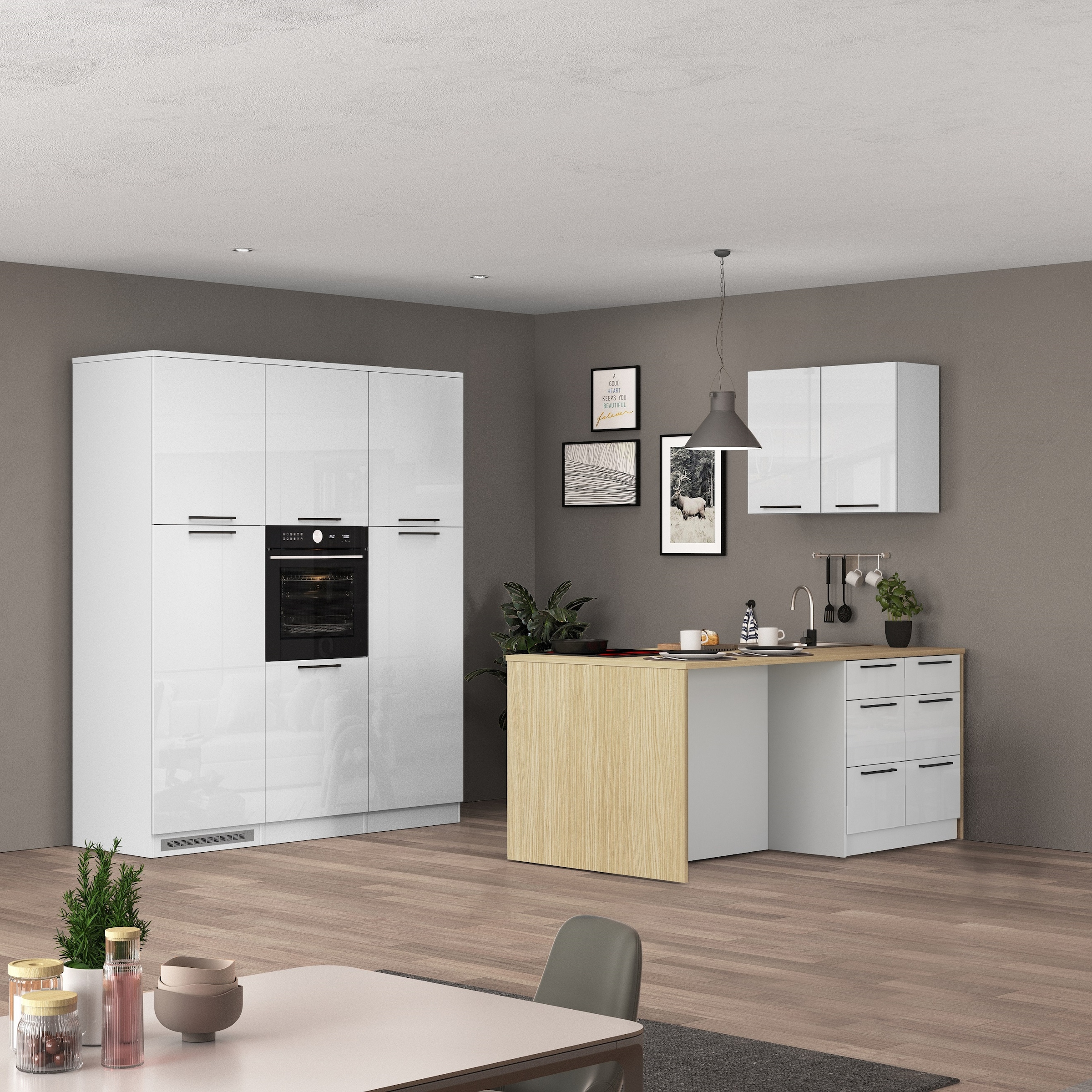 KOCHSTATION Küchenzeile »Luna, Küchenblock, Kücheninsel, Hängeschrank, Made in Italy« 3er-Set, Metallgriffe, Soft-Close-Funktion, inklusive Spüle