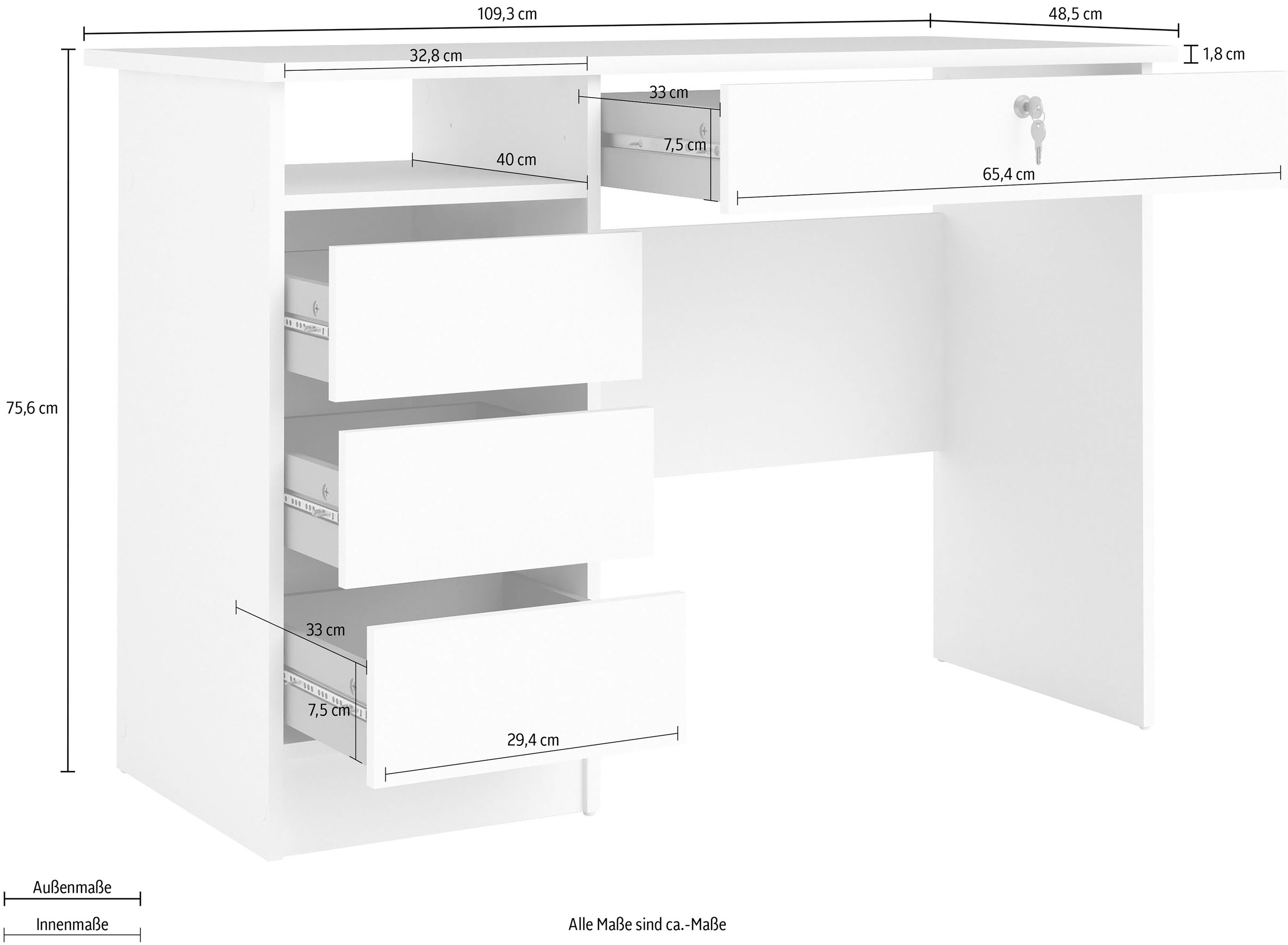 Home affaire Schreibtisch »Plus, Computertisch, mit 3 Schubkästen, 1 Schublade mit Schloss« 1 Einlegeboden, modern, minimalistisch, staurum, B: 109,3 x H: 75,6 cm