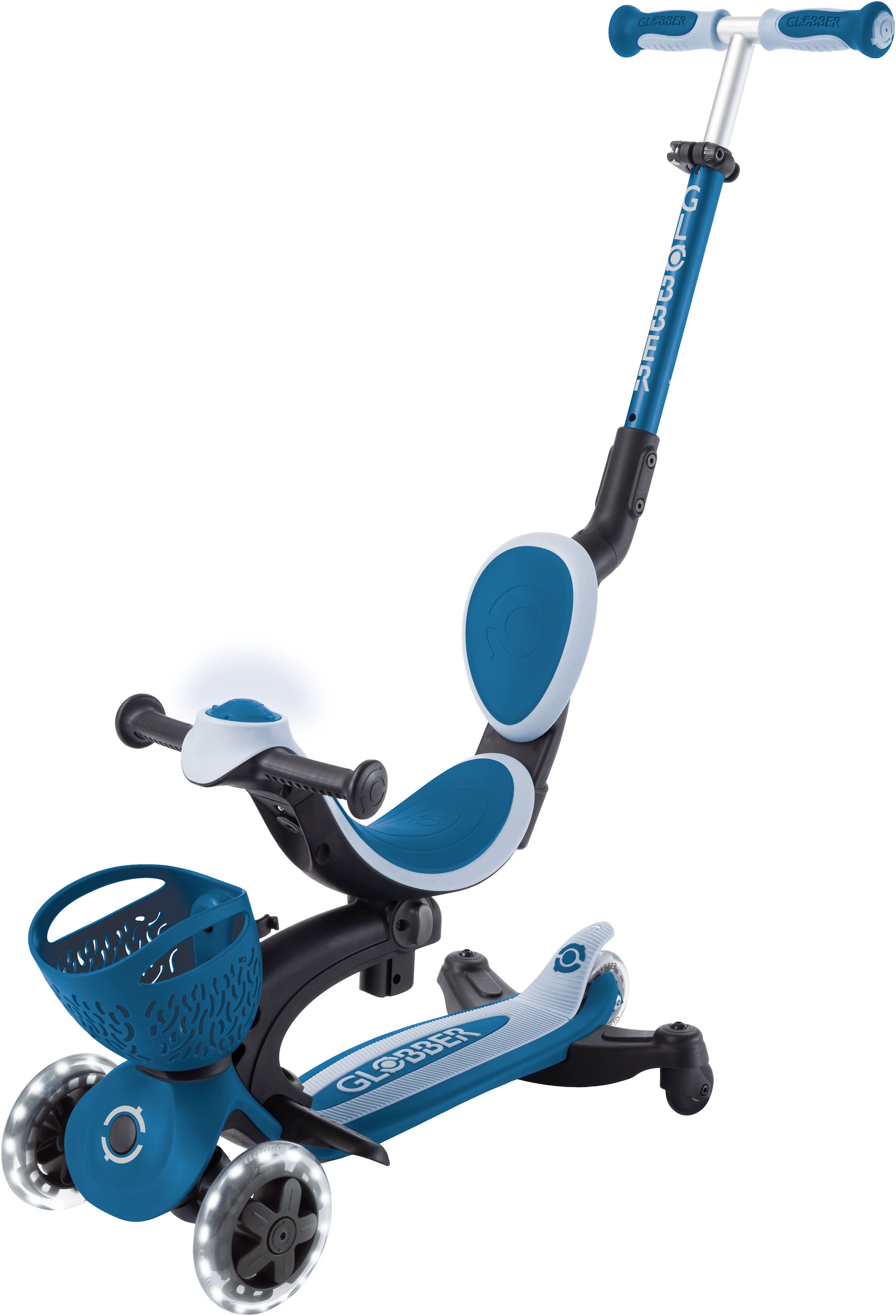 Globber »GO-UP BABY 360 LIGHTS, mit Leuchtrollen und Leuchtmodul« Aufsitzrad, Laufrad und Scooter in Einem