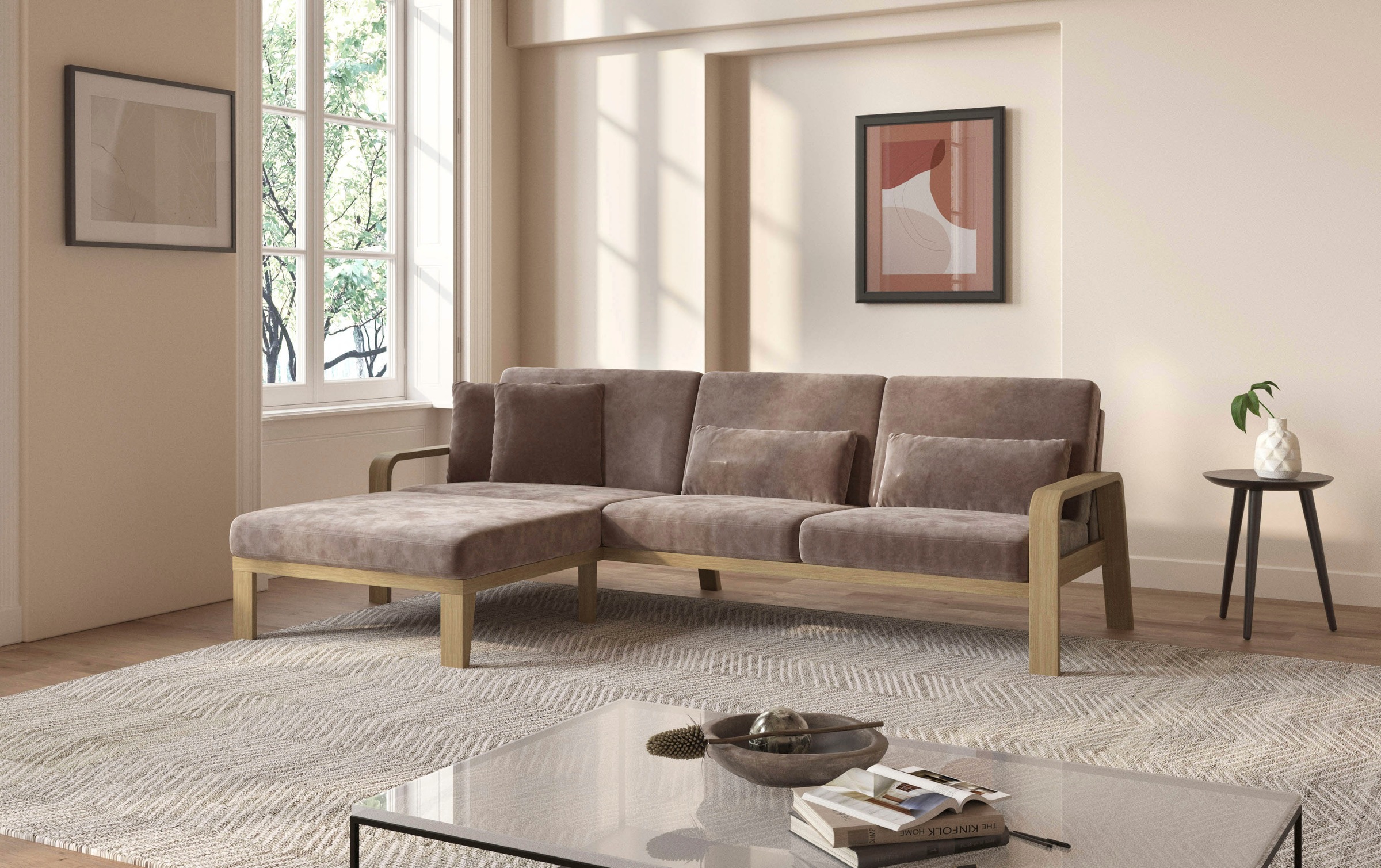 sit&more Ecksofa »Kolding L-Form«, Armlehnen aus Buchenholz in natur, verschiedene Bezüge und Farben