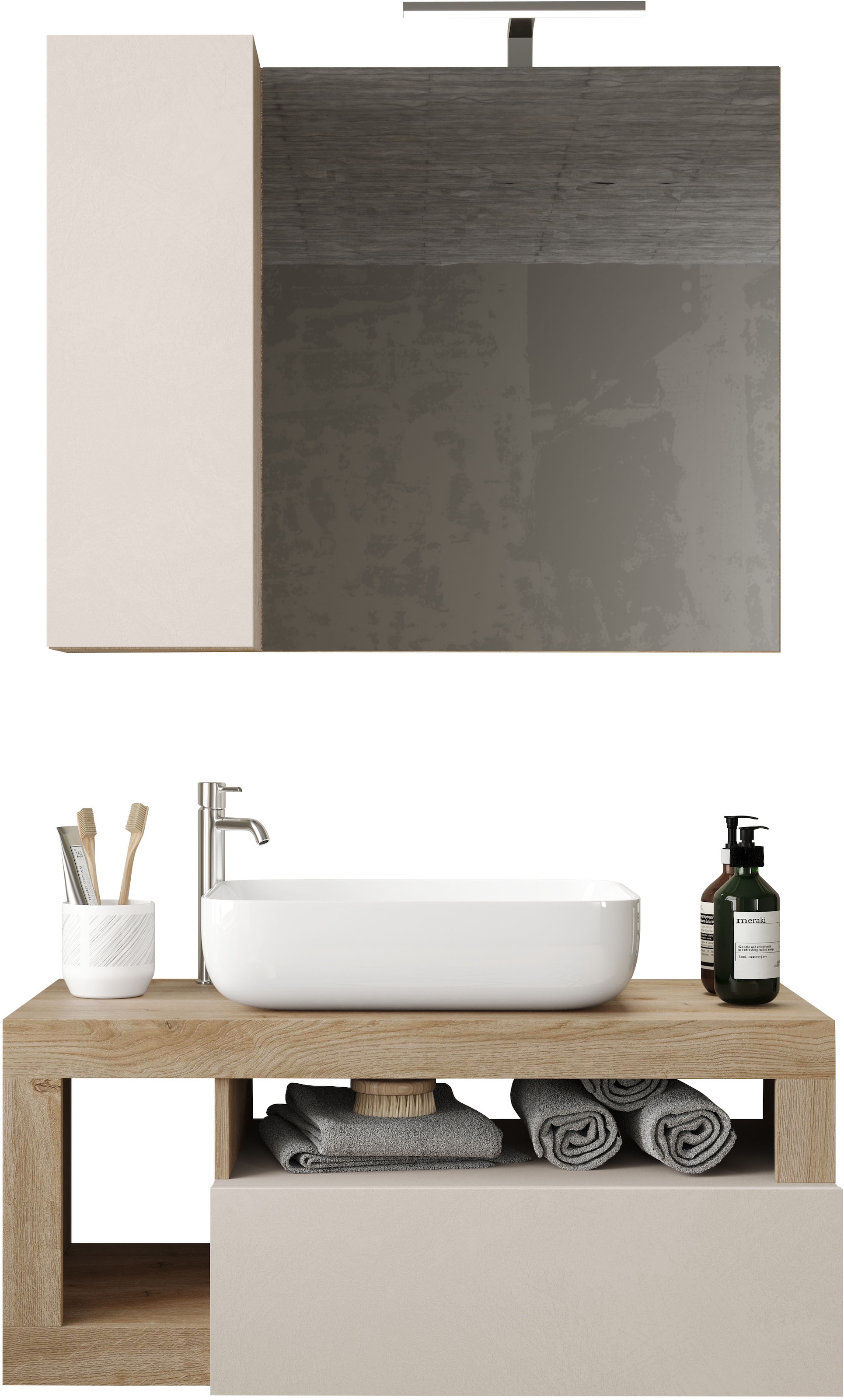 welltime Badmöbel-Set »Hamburg, Badezimmerset 2tlg. Breite 92 cm, Badmöbel, Waschtisch inkl.«, (Spar-Set, 2 St.), Waschbecken, Spiegelschrank mit LED Aufbauleuchte, Soft-Close-Funktion