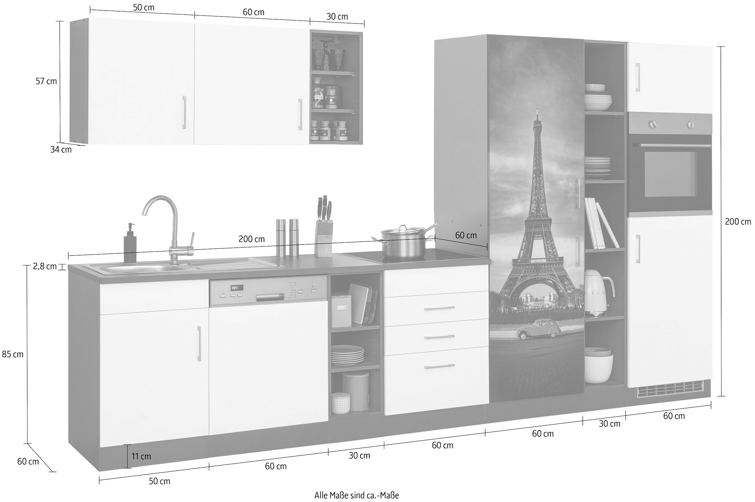 KOCHSTATION Küchenzeile »KS-Paris – Küchen mit einzigartigen Fotomotiven auf den Fronten« Breite 350 cm, wahlweise mit E-Geräten und Induktion