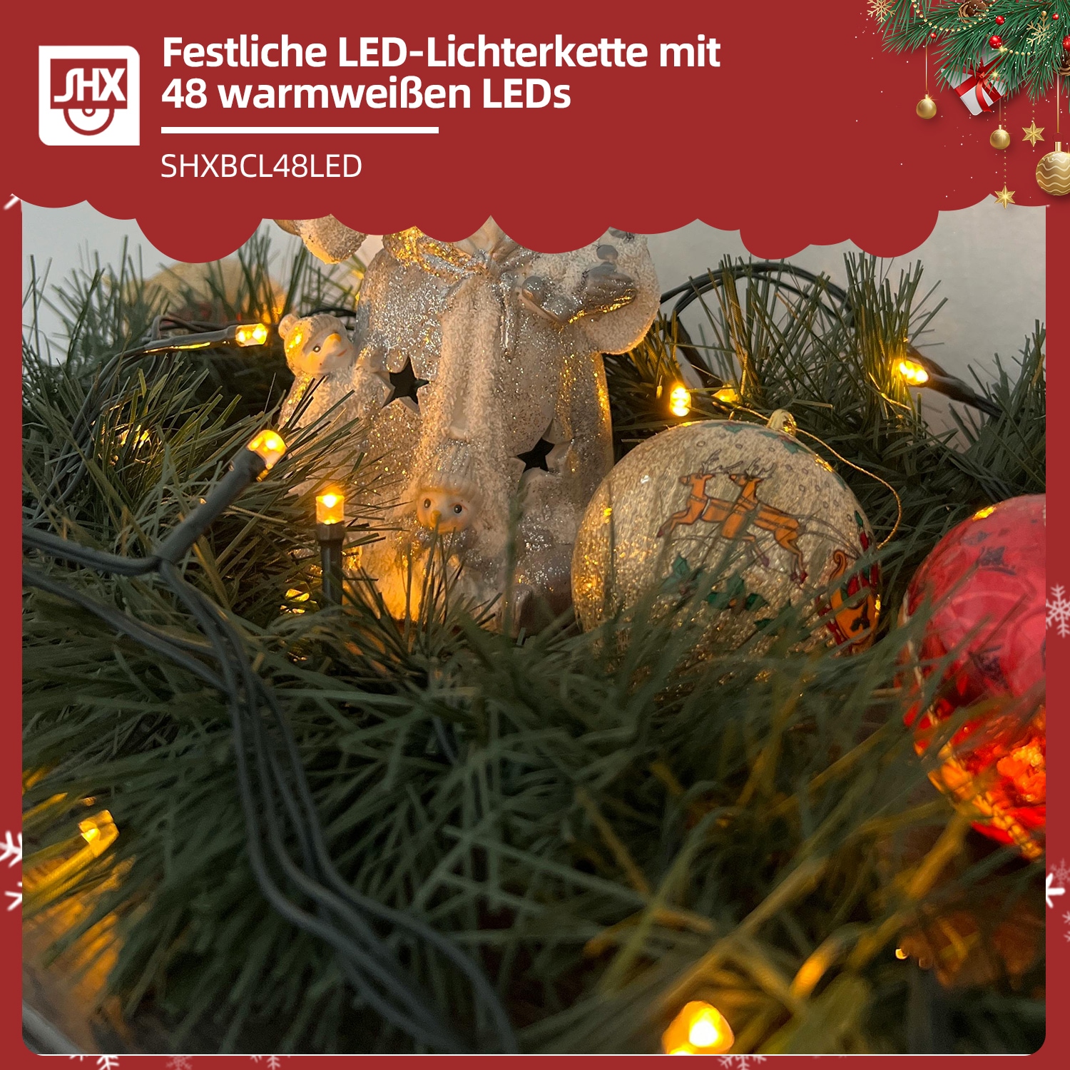 SHX LED-Lichterkette mit 48 LEDs, für innen und außen, 8 Beleuchtungs-Modi