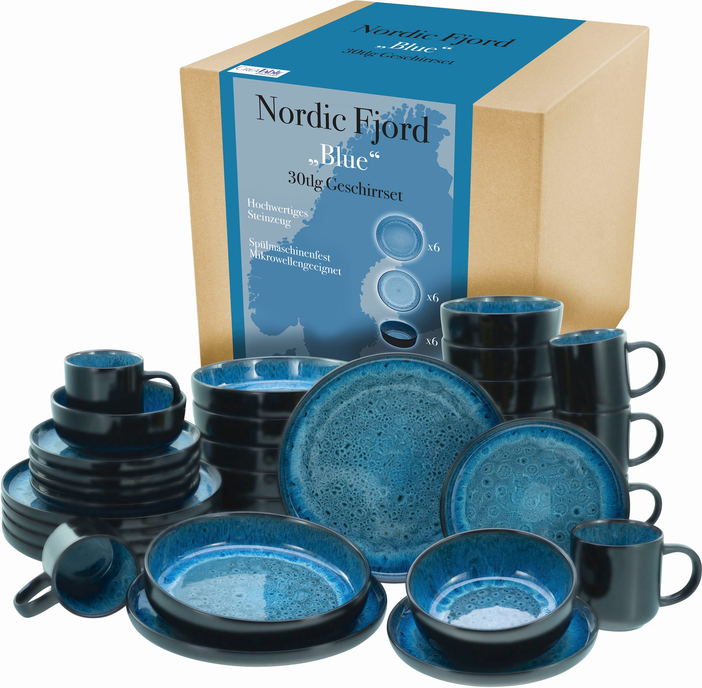 CreaTable Kombiservice "Nordic Fjord" je 6 Speiseteller, Suppenteller, Dessertteller, Schalen, Kaffeebecher