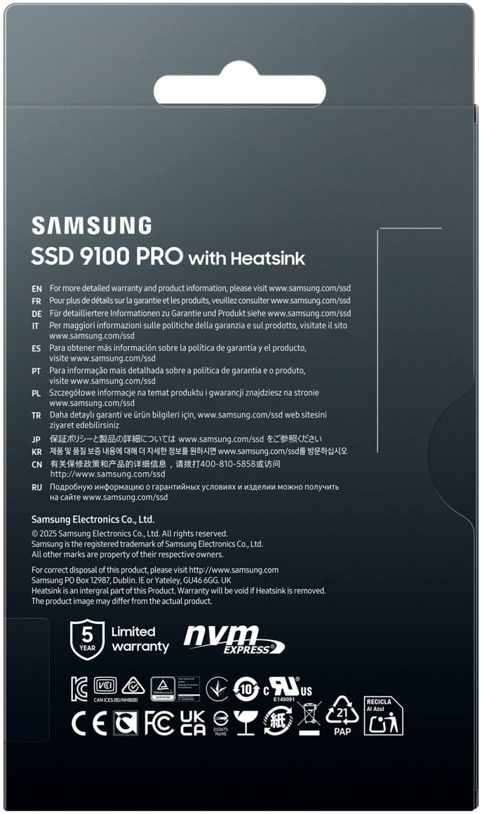 Samsung interne Gaming-SSD »9100 PRO Heatsink PCIe® 5.0 NVMe™ M.2 - 1 TB«, Anschluss PCI Express 5.0