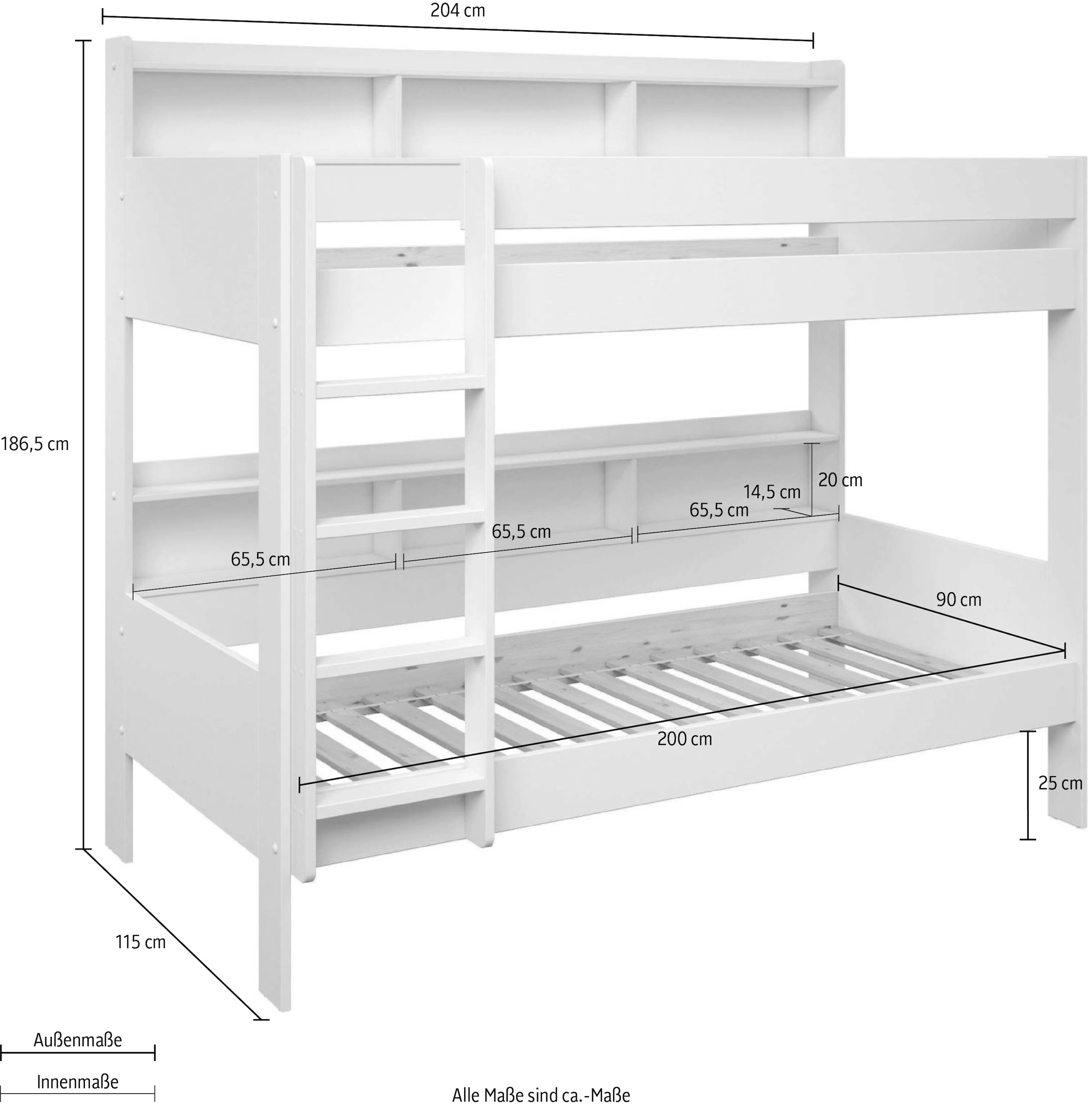 Lüttenhütt Etagenbett »JAIME, Stockbett, mit Regalen, Schublade als Ausziehbett optional«, (ca. 186x115x204 Höhe/Breite/Länge), FSC® zertifiziertes Massivholz, viel Stauraum und Abstellfläche