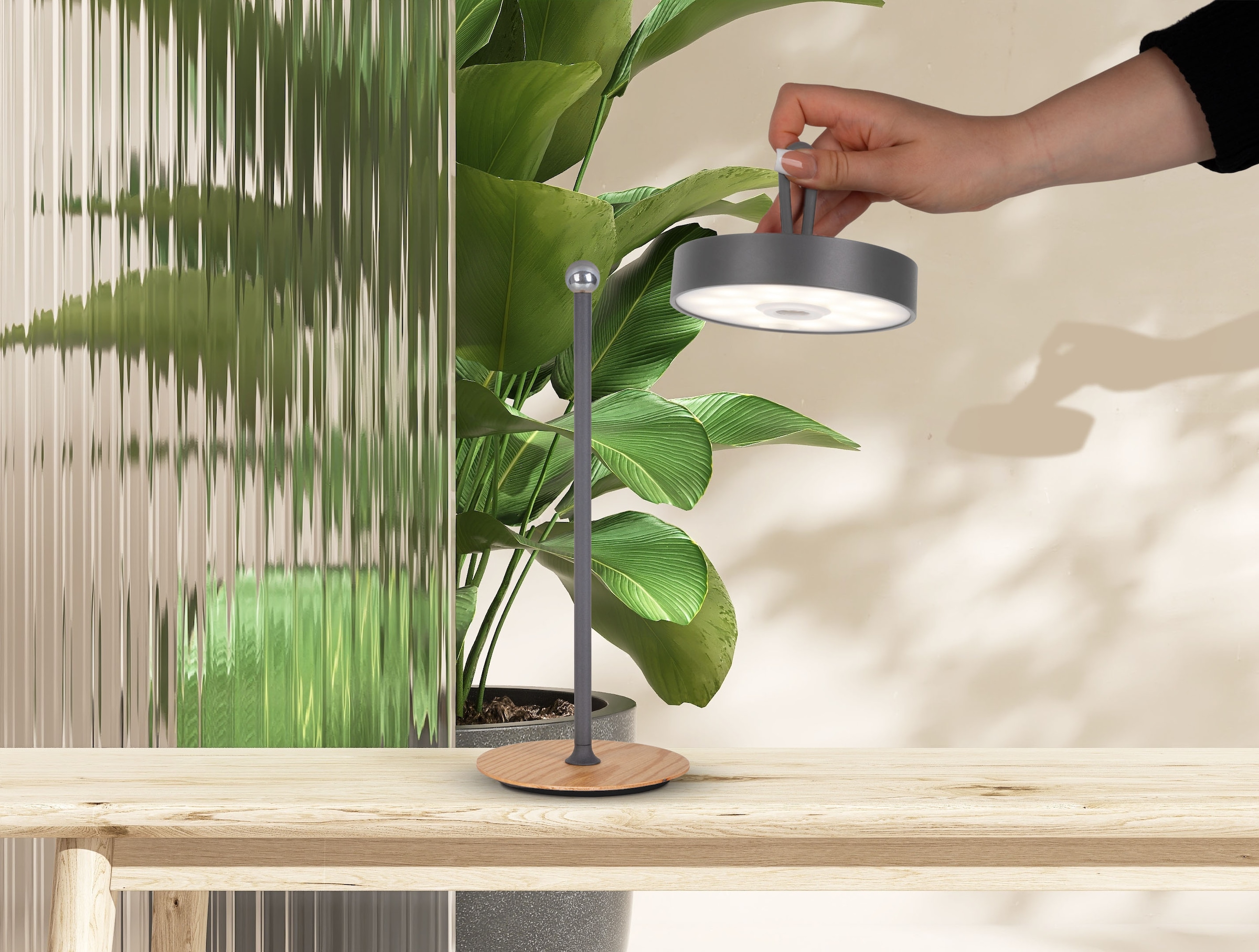 my home LED Tischleuchte »Charmont mit Holzfuß, abnehmbares Kopfteil als Hängeleuchte verwendbar«, 1 flammig, Leuchtmittel LED-Modul | LED fest integriert, aufladbar, inkl Akku + USB Kabel, Kopfteil magnetisch, abnehmbar, Holz