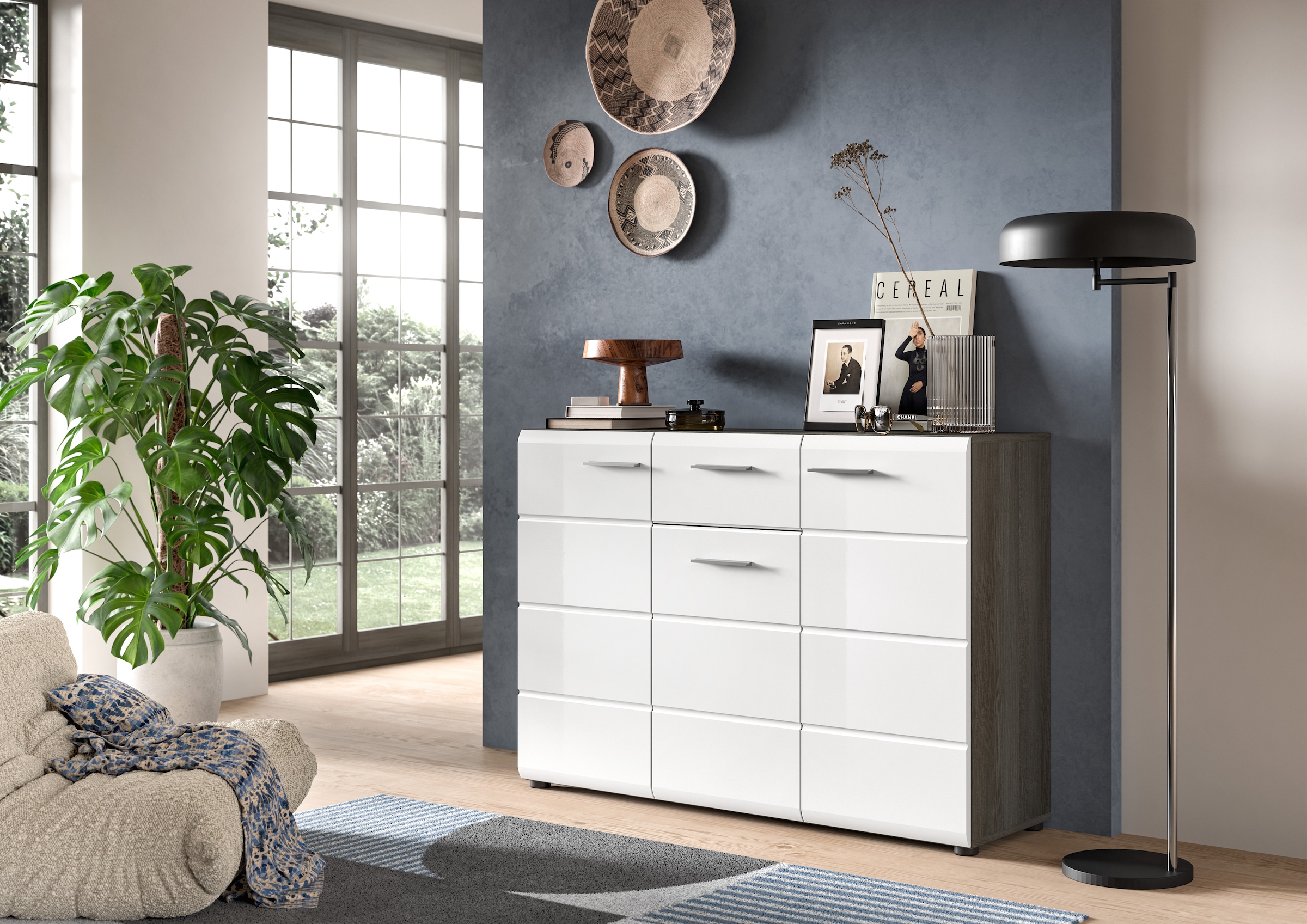 Sideboard »Rumba, Breite 120cm, in Rauchsilber Nachbildung/Weiß Hochglanz«, Kommode,...