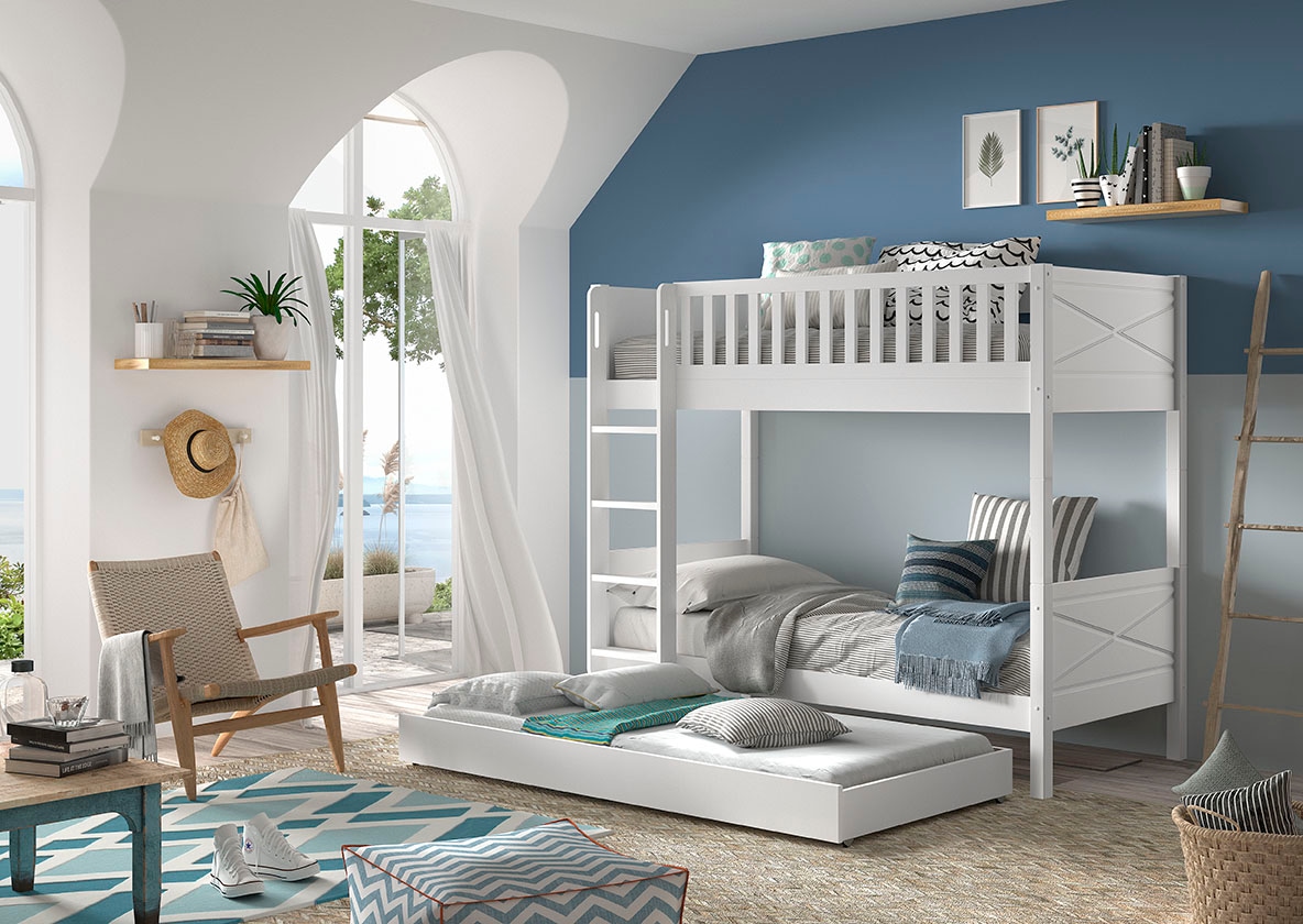 Vipack Etagenbett »Scott, Kiefer massiv, stabil gebaut, Made in Europe, Landhaus-Optik«, (B/H/T ca. 208x175x105cm, inkl. Rolllattenroste, Leiter, Absturzschutz), wahlweise mit 2 kleinen oder 1 großen Bettschublade auf Rollen