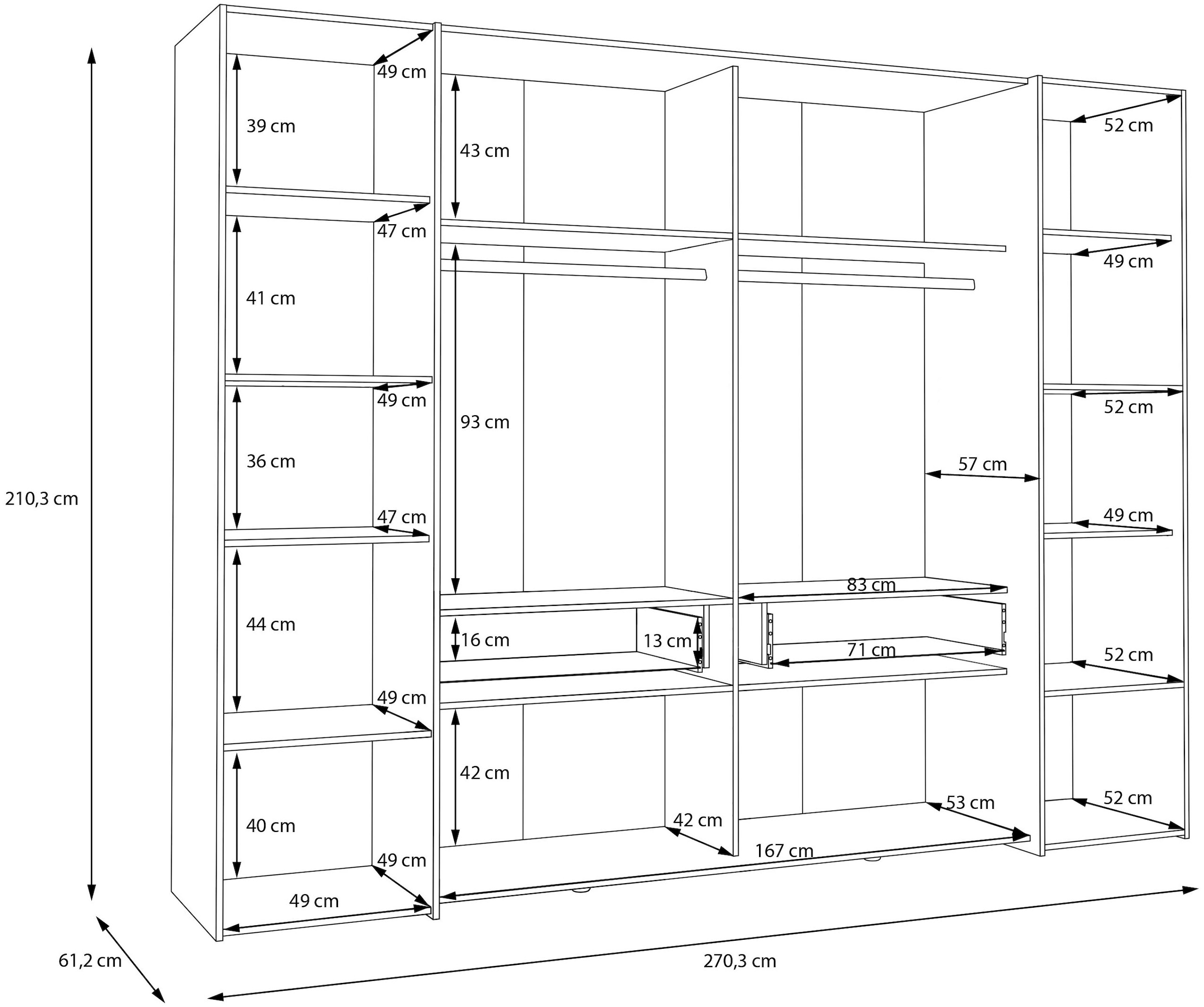 FORTE Dreh-/Schwebetürenschrank »Narago, OTTOs Choice, TOPSELLER, mittlere Paneele farblich wechselbar« B/H/T ca. 270x210X61cm, Farbe Weiß auch mit Spiegeln erhältlich,  gestalte die Schwebetüren einfarbig oder 2 farbig, Made in Europe
