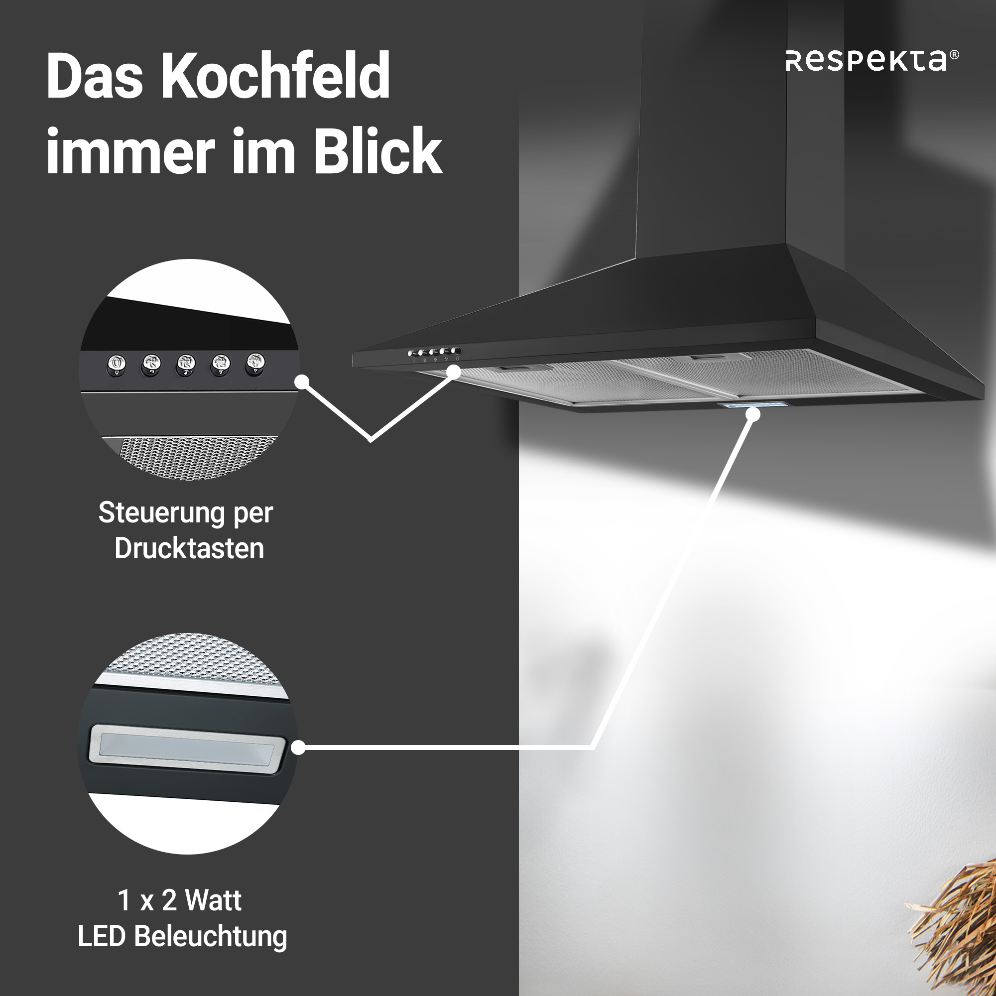 RESPEKTA Kaminhaube »CH 22055 SA« 60 cm, 3 Leistungsstufen, LED-Beleuchtung, Ab- und Umluftfähig