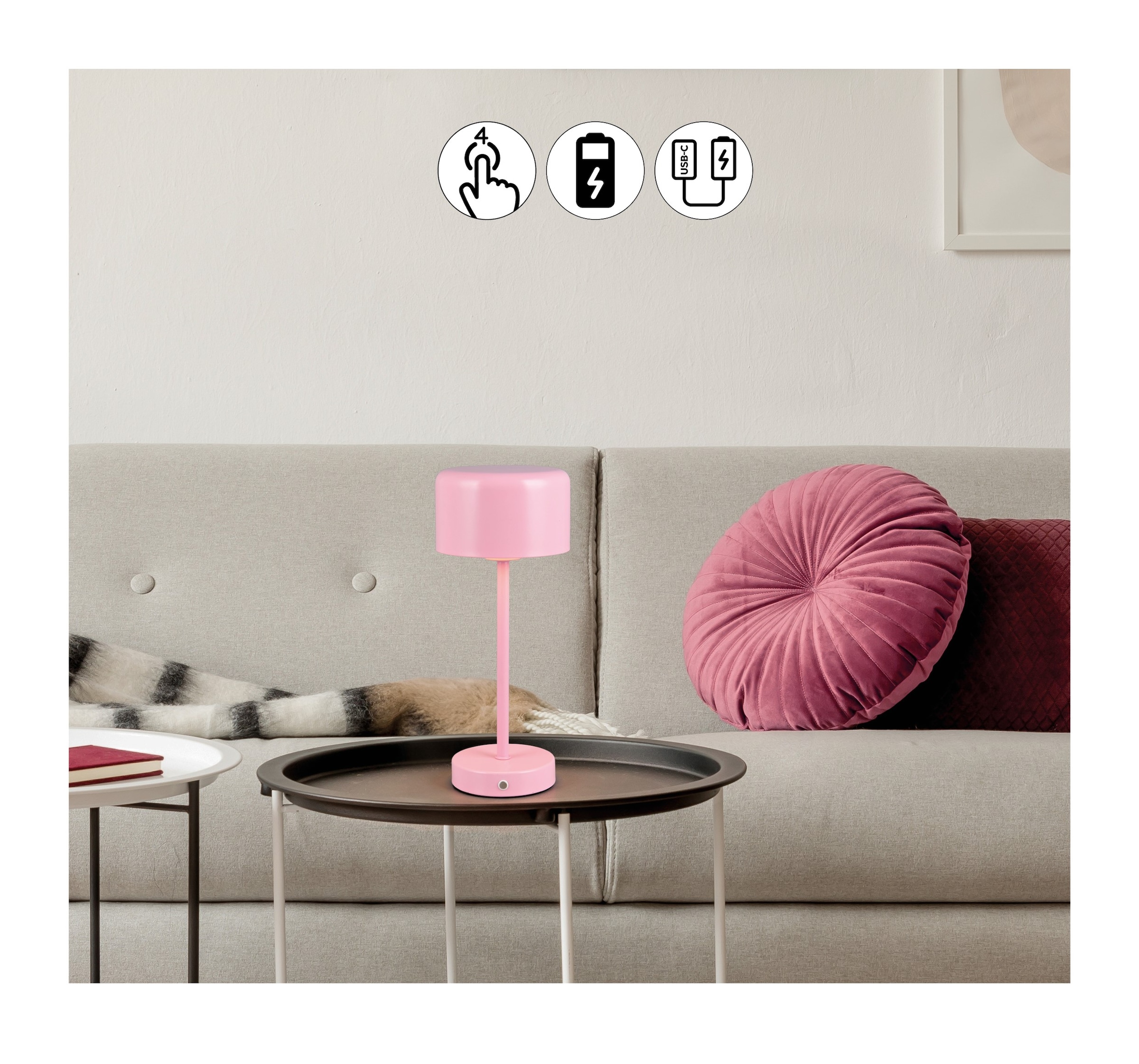 REALITY Leuchten LED Tischleuchte »JEFF, Tischlampe Kinderzimmer mit USB-C Ladekabel, Touch-Sensor« LED-Board 1 Stk. Warmweiß dimmbar, Höhe 30cm, Kinder Lampe warmweiß Leselampe, Akkuleuchte, Akku