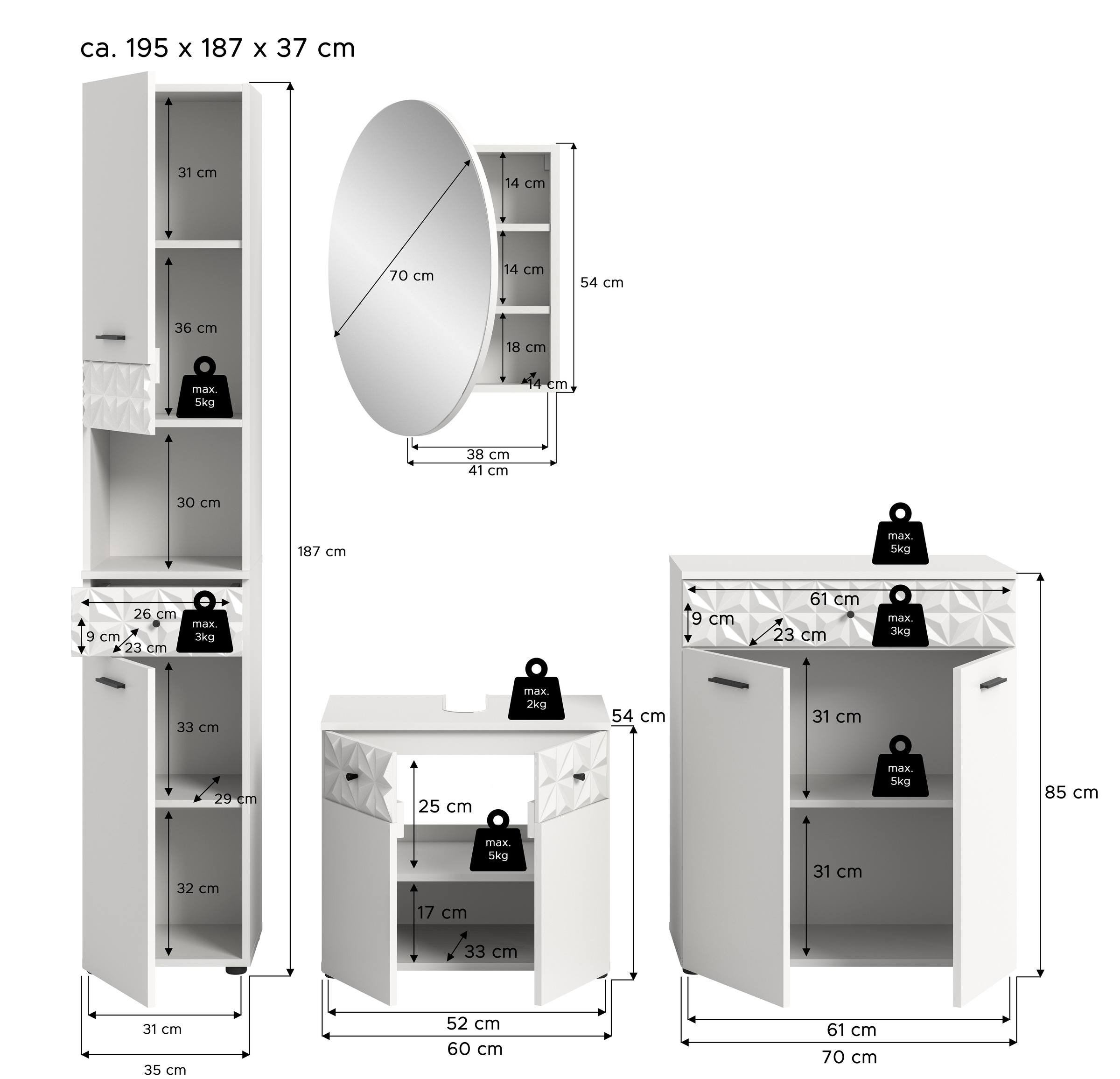 INOSIGN Badezimmer-Set »VICENZA, TOPSELLER!, Breite 195cm, 4-teilig, mit Ornamentabsetzung«, (Hochschrank, Waschbeckenunterschrank, Spiegelschrank & Unterschrank), Hochschrank, Waschbeckenunterschrank, Spiegelschrank und Unterschrank