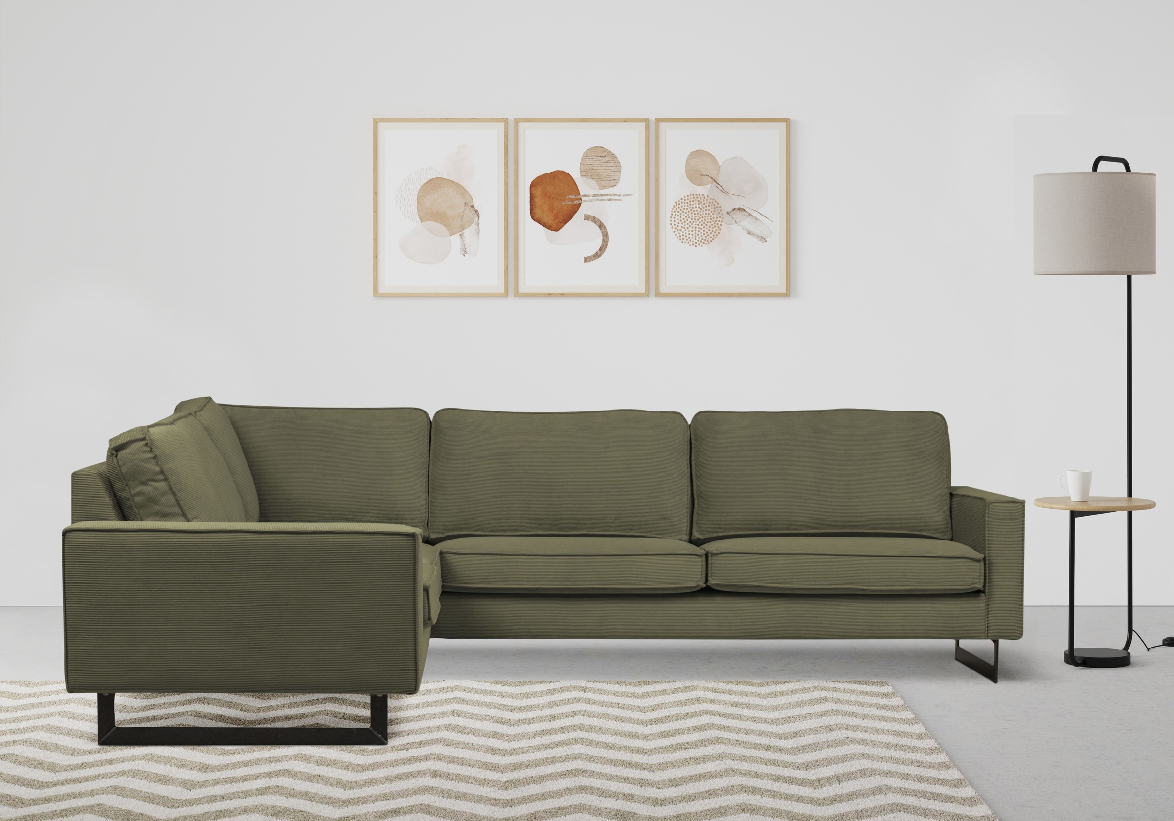 Places of Style Ecksofa »Pinto, XXL, 250/290 cm, langer Schenkel, Ottomane«, Cord, Chenille, Lederoptik, mit Keder, Metallfüße, Wellenunterfederung