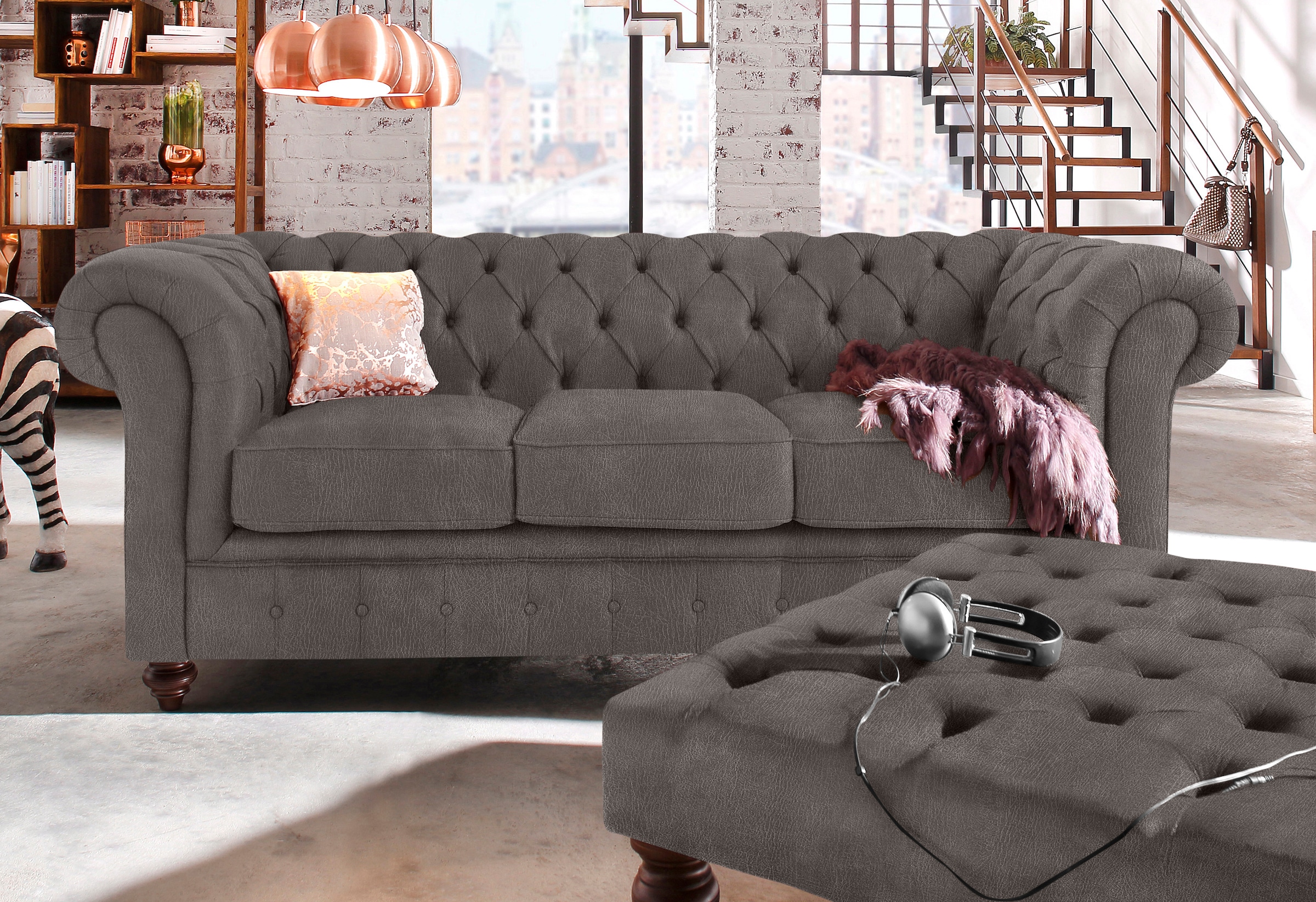 Home affaire Chesterfield-Sofa »Chesterfield 3-Sitzer B/T/H: 198/89/74 cm«, mit hochwertiger Knopfheftung, auch in Leder