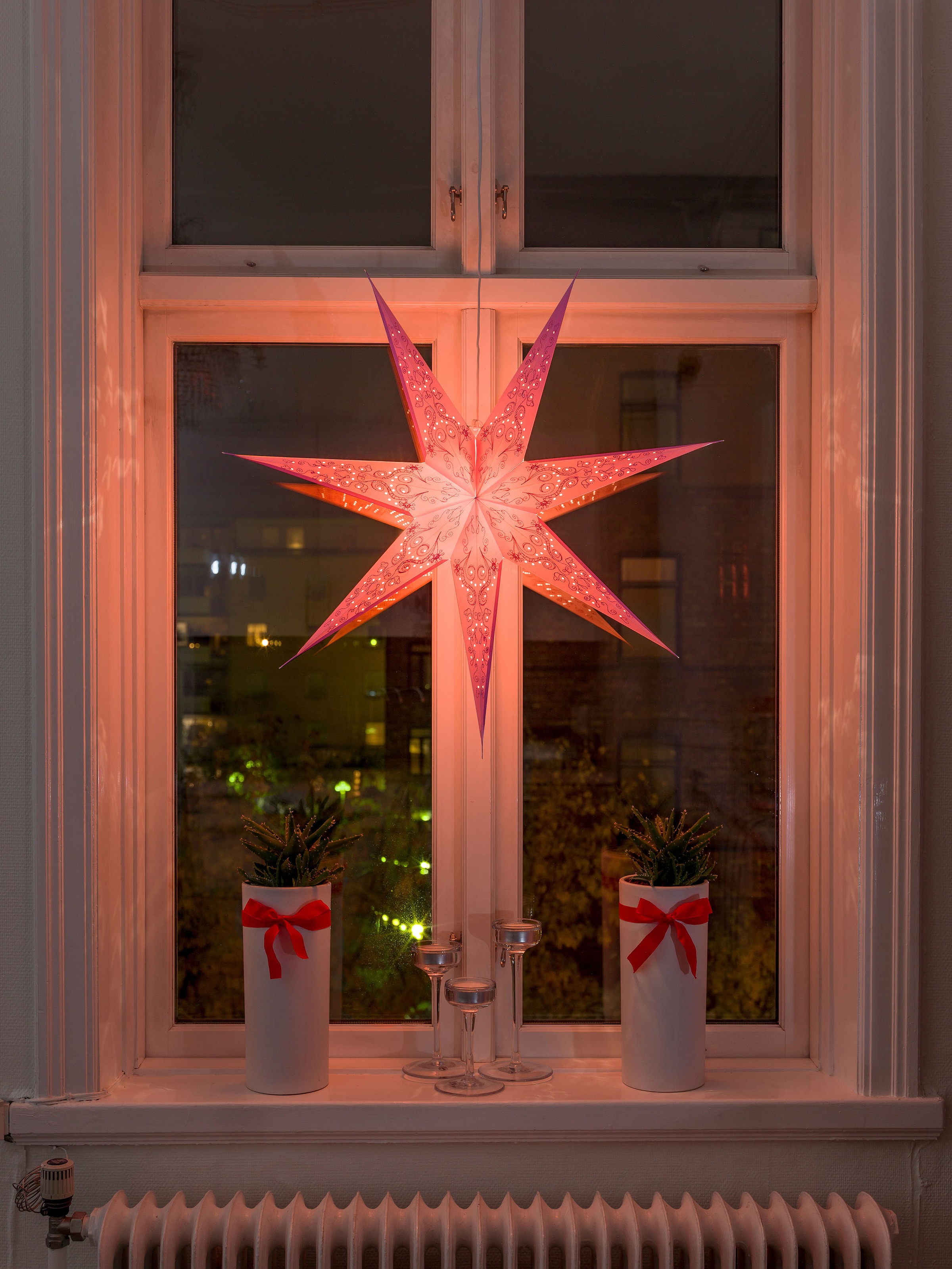 KONSTSMIDE Dekostern »Weihnachtsstern, Weihnachtsdeko«, (1 St.), Papierstern, LED Stern, perforiert und pink bestickt, 7 Zacken