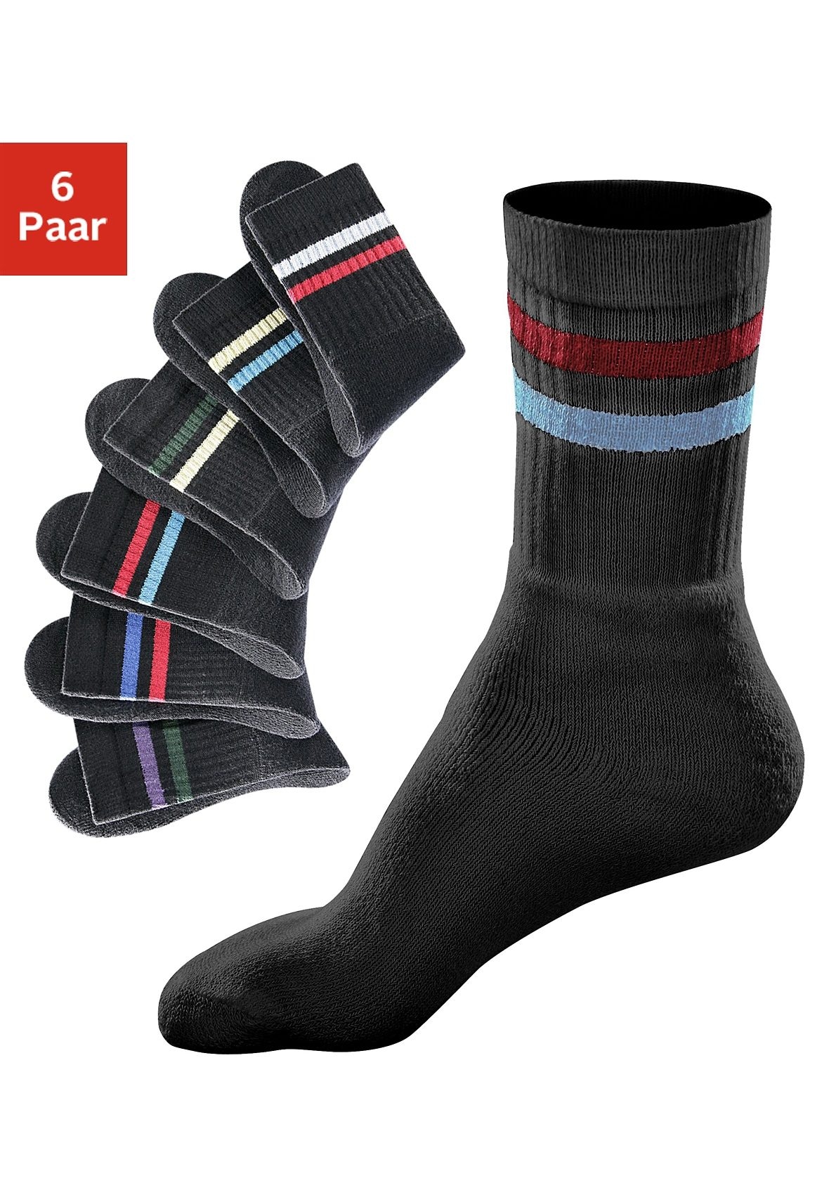 Freizeitsocken, (Packung, 6 Paar), mit farbigen Streifen