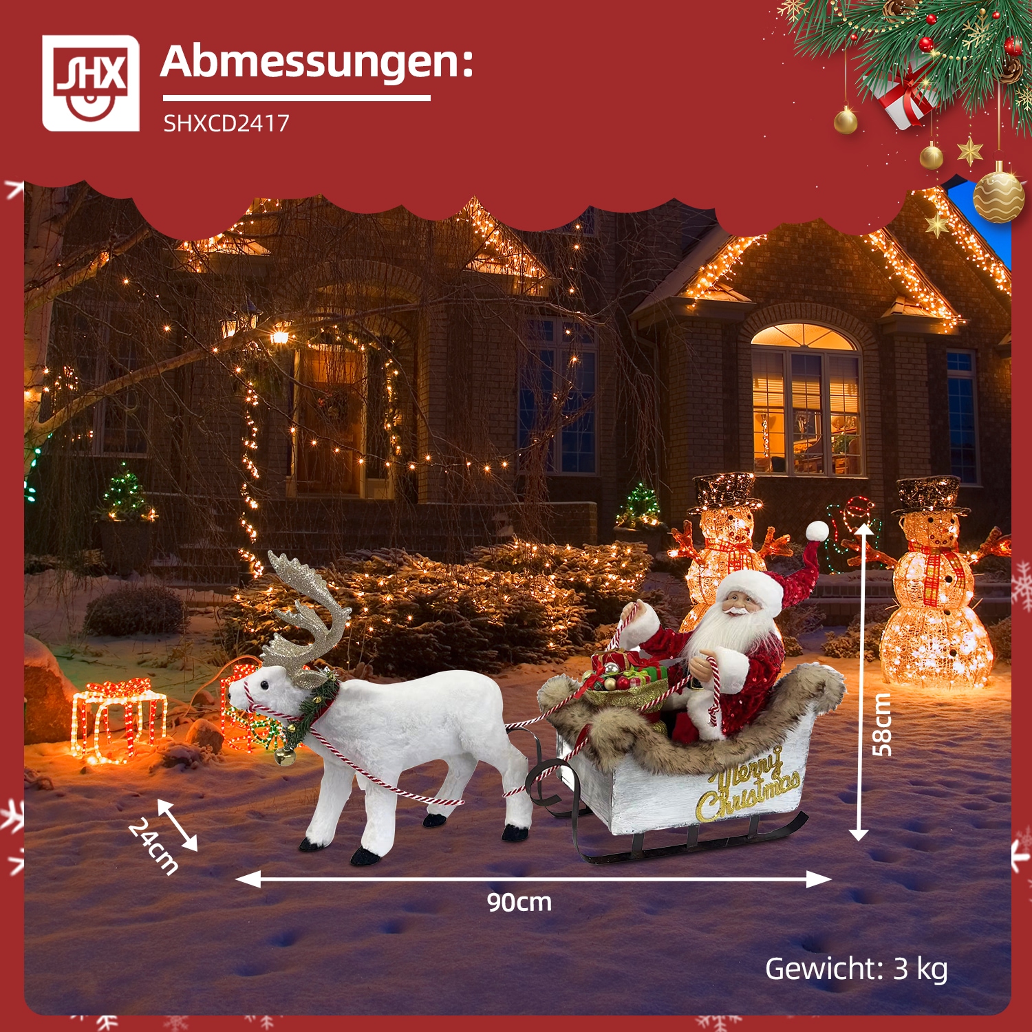 SHX Weihnachtsmann »Animierter Rentierschlitten mit Weihnachtsmann«, Bewegung, Soundeffekte