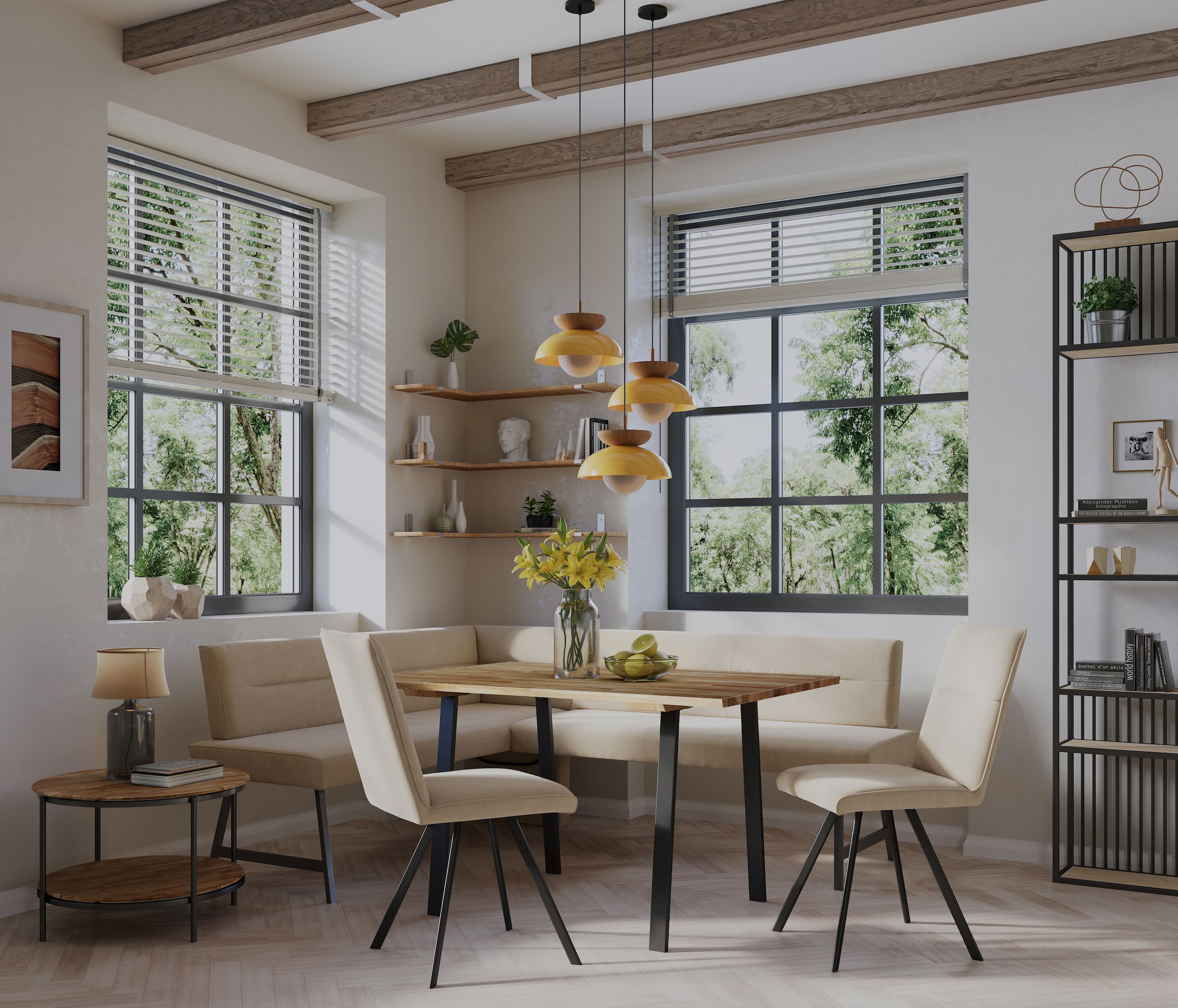 Home affaire Eckbankgruppe »Sava« Set, 4 Stk. tlg. Eckbank mit Wellenfederung im Sitz, Tisch Massiv Eiche